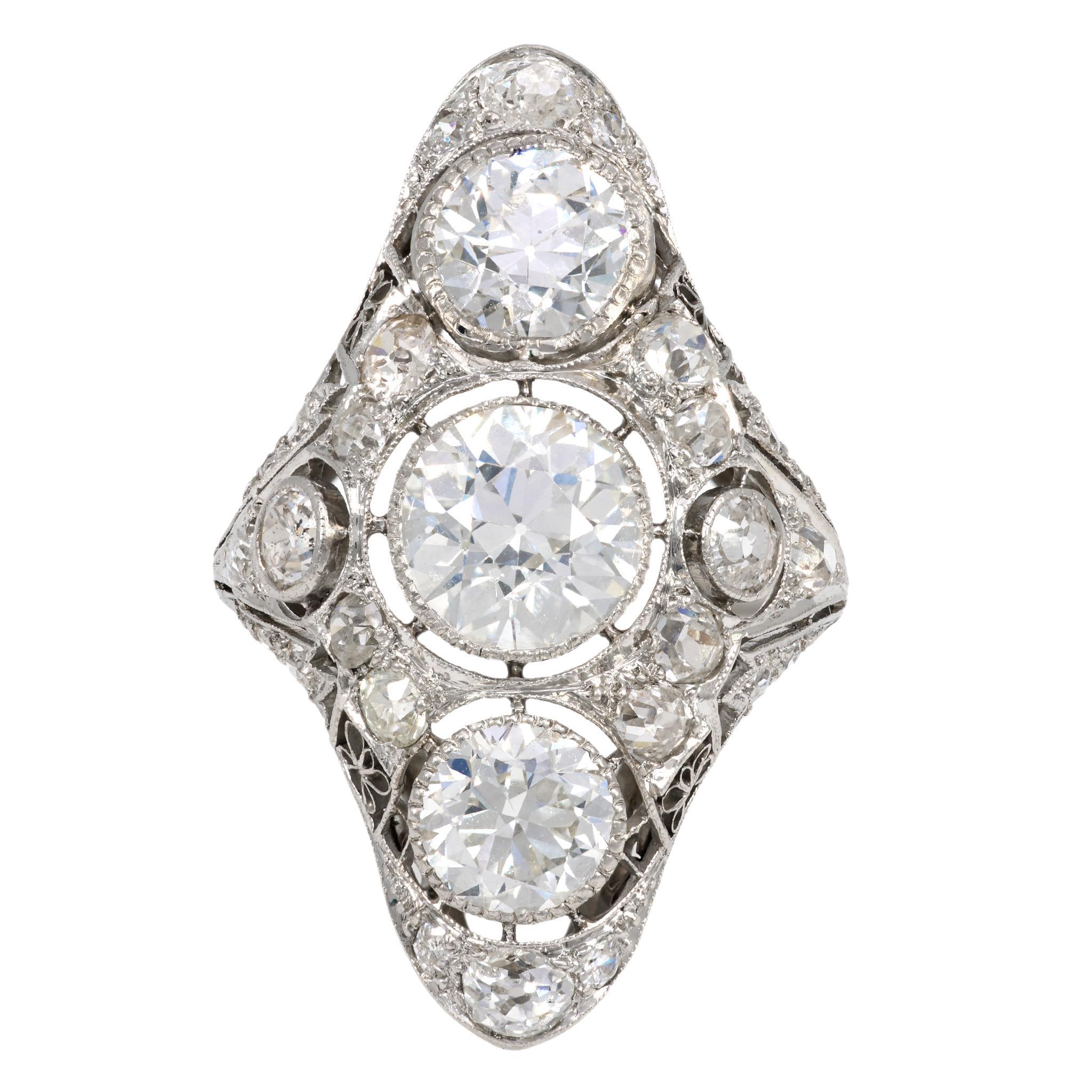 Women's Art Deco GIA 6 carat total weight diamond platinum Navette ring For Sale