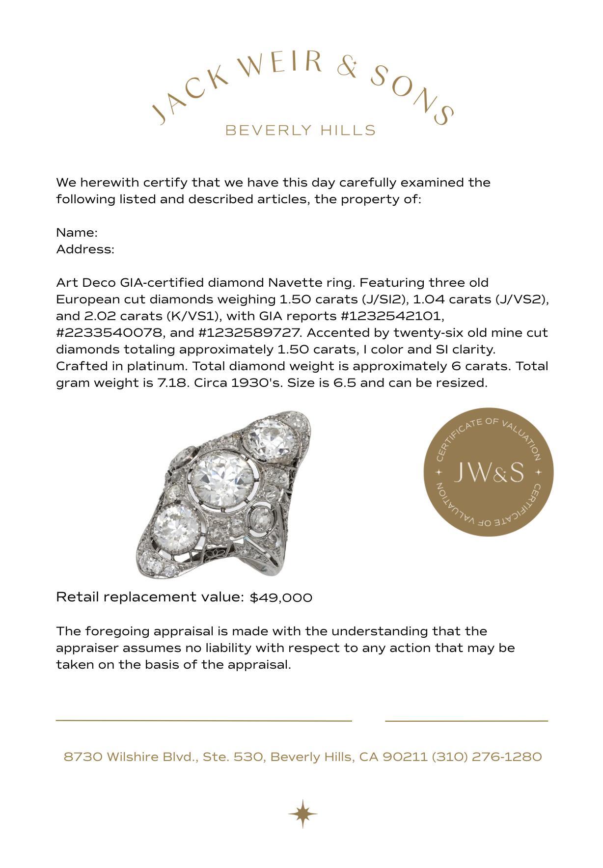 Art Deco GIA 6 carat total weight diamond platinum Navette ring For Sale 3