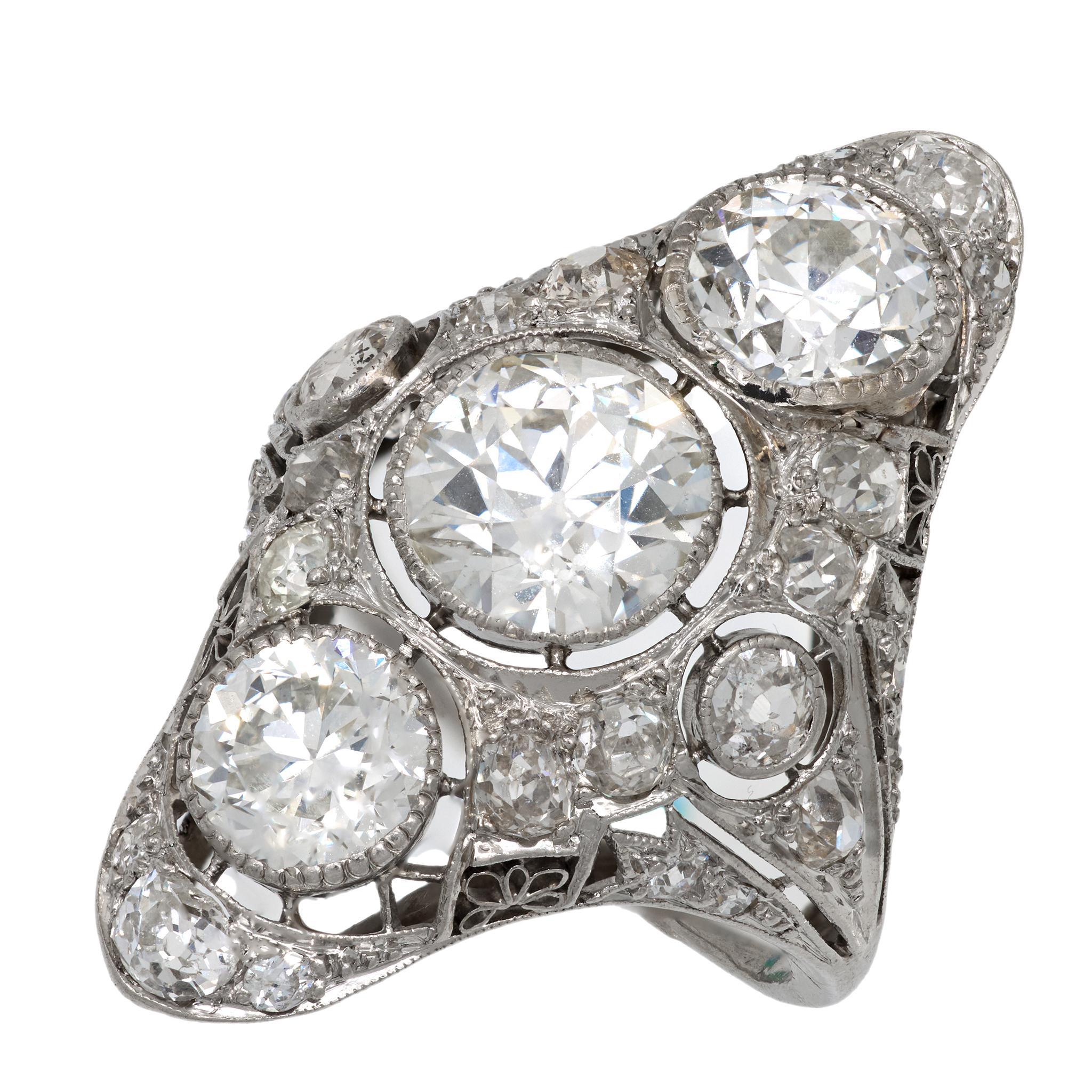 Art Deco GIA 6 carat total weight diamond platinum Navette ring For Sale