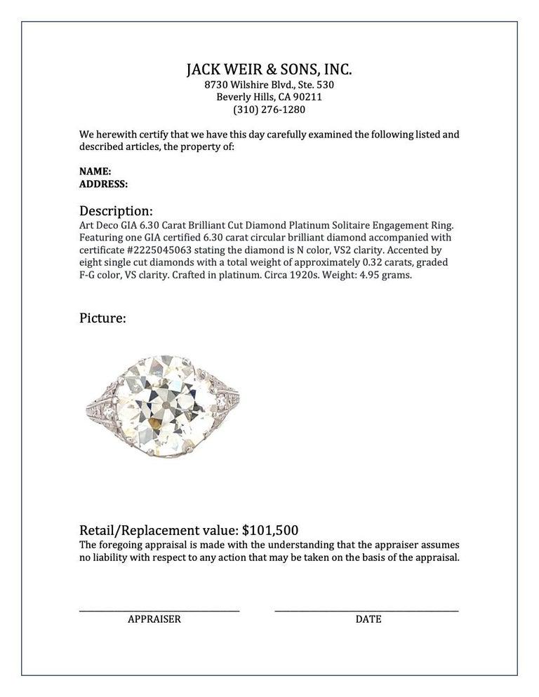 Art Deco GIA 6.30 Carat Brilliant Cut Diamond Platinum Solitaire Engagement Ring 3