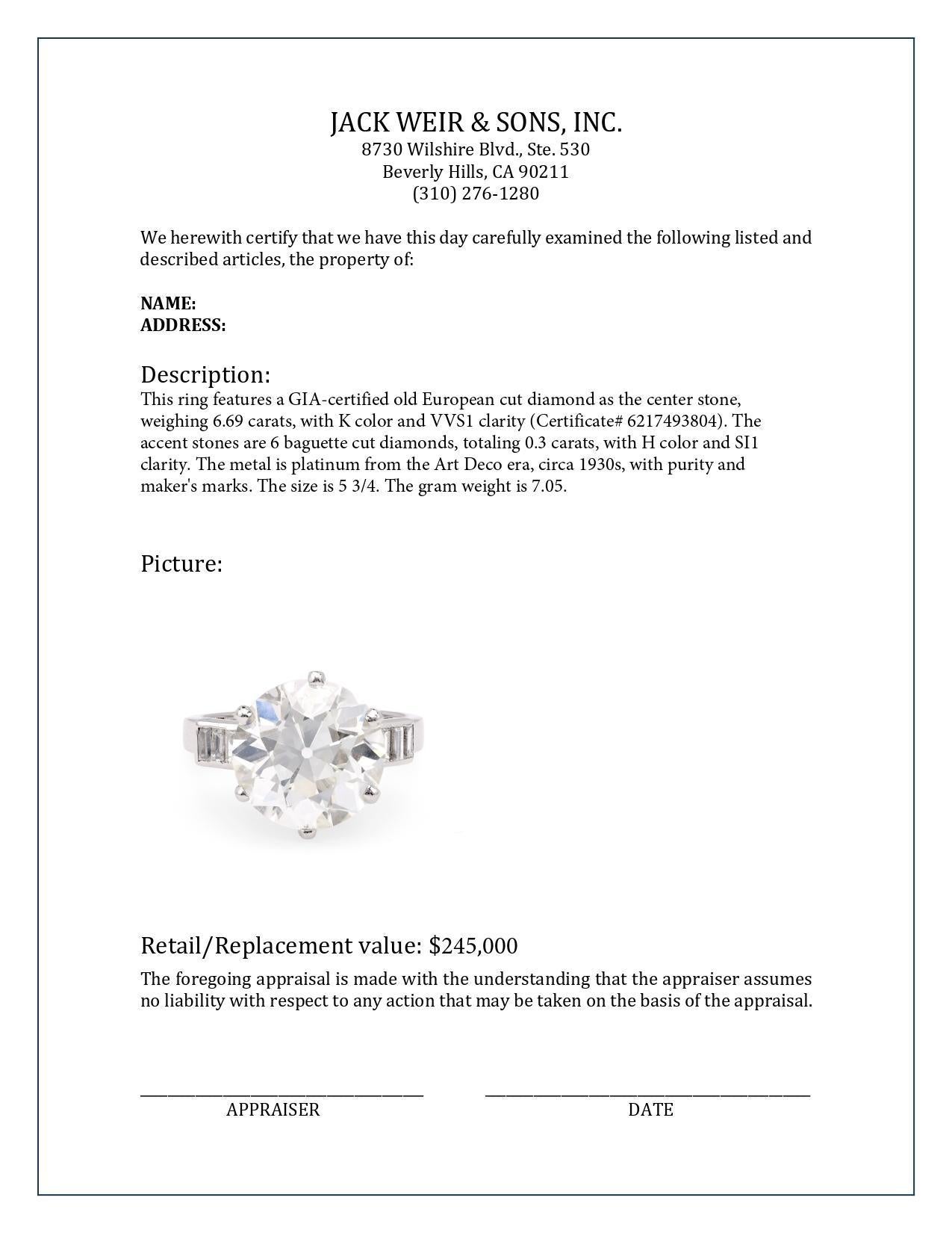 Art Deco GIA 6.69 Karat Platin-Verlobungsring mit Diamant im alteuropäischen Schliff (Alteuropäischer Schliff)