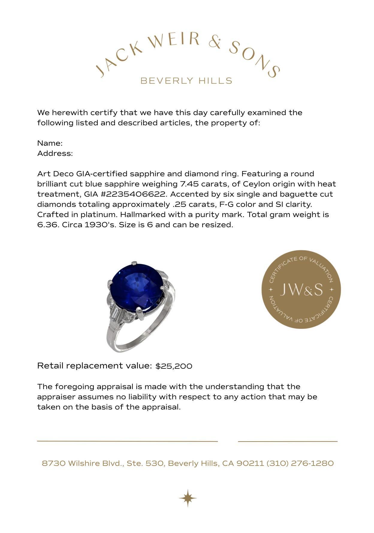 Art Deco GIA 7.45 carat Ceylon sapphire diamond platinum ring For Sale 1