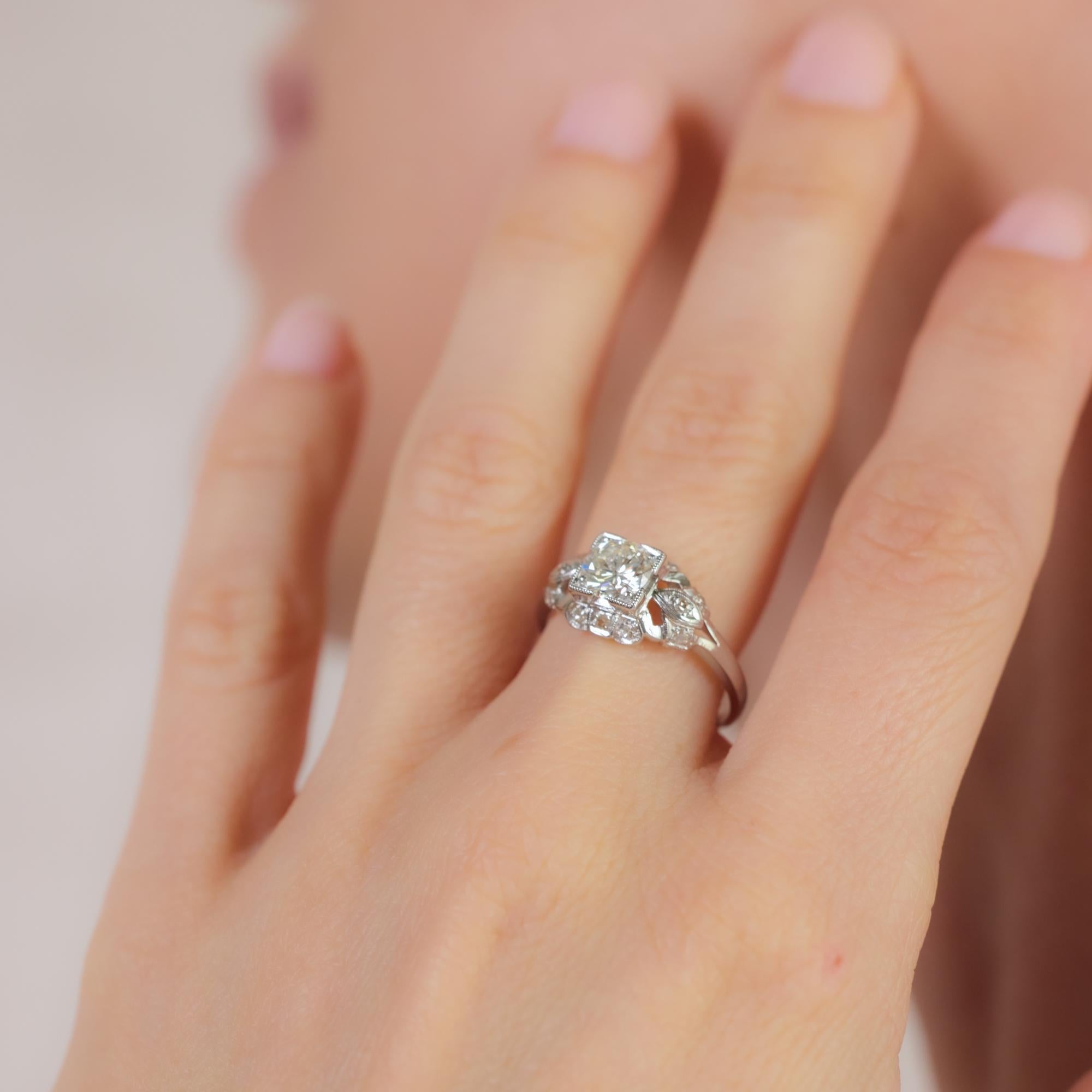 Art Deco GIA .76 carat diamond platinum engagement ring In Excellent Condition For Sale In Beverly Hills, CA