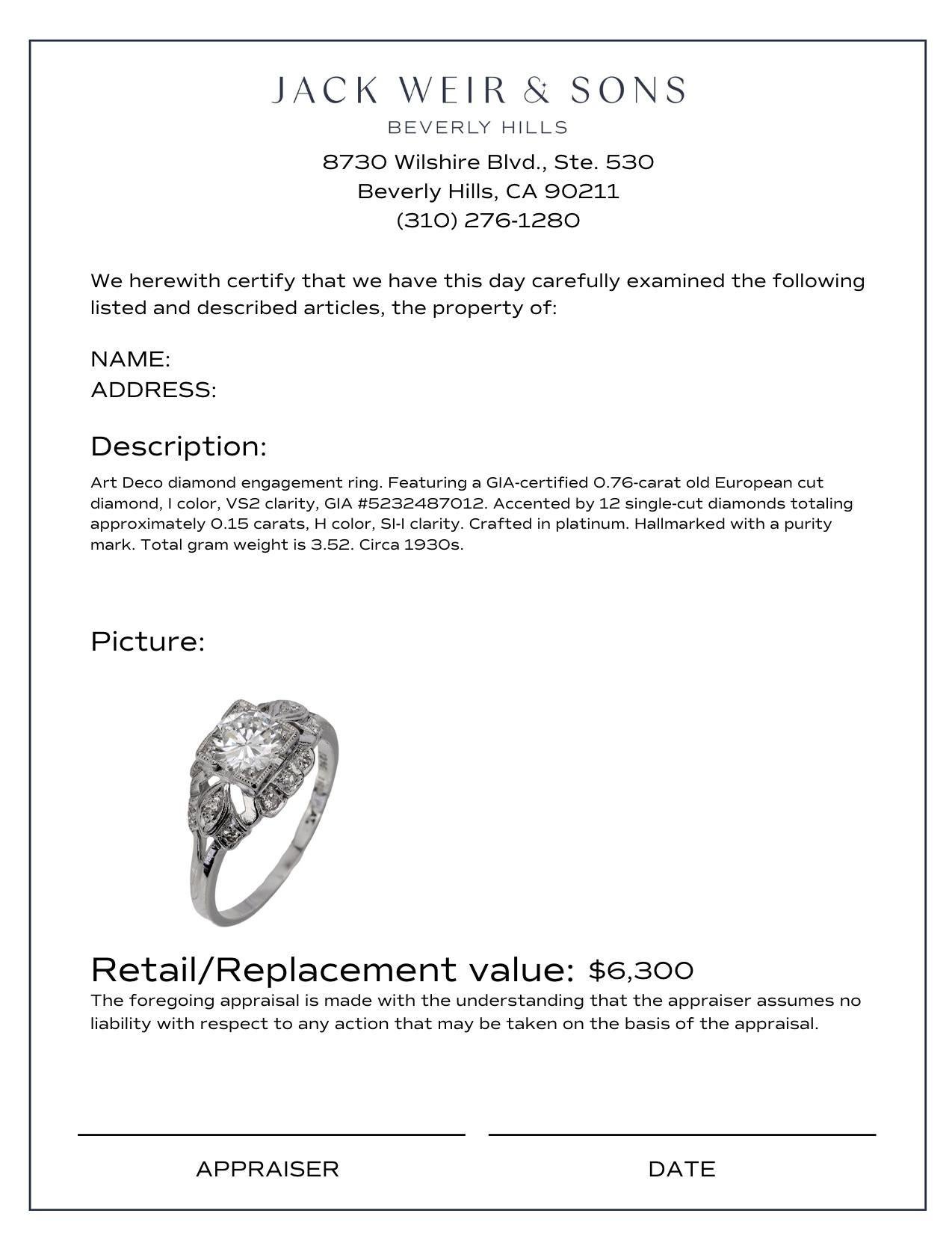 Art Deco GIA .76 carat diamond platinum engagement ring For Sale 1
