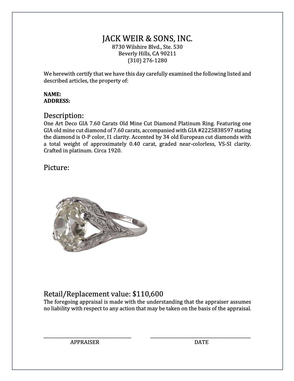 Art Deco GIA 7.60 Carats Old Mine Cut Diamond Platinum Ring 3