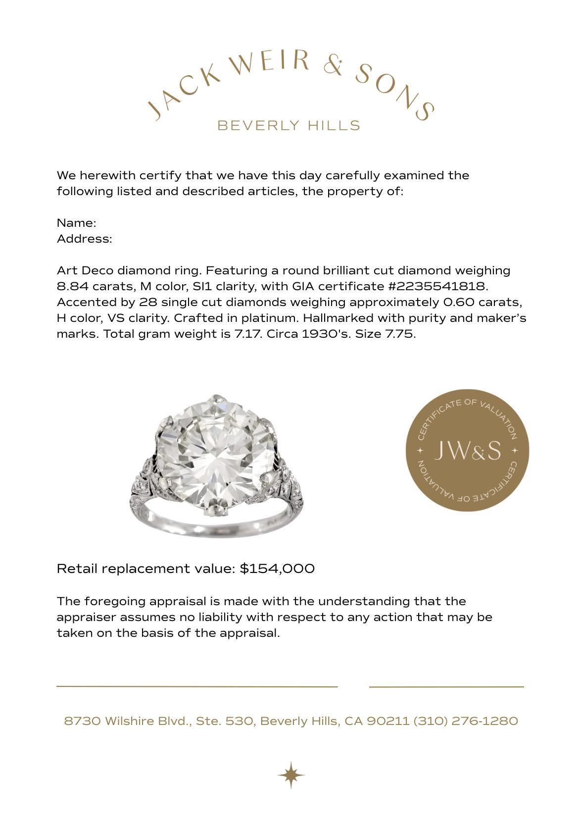 Art Deco GIA 8.84 carat diamond platinum ring For Sale 1