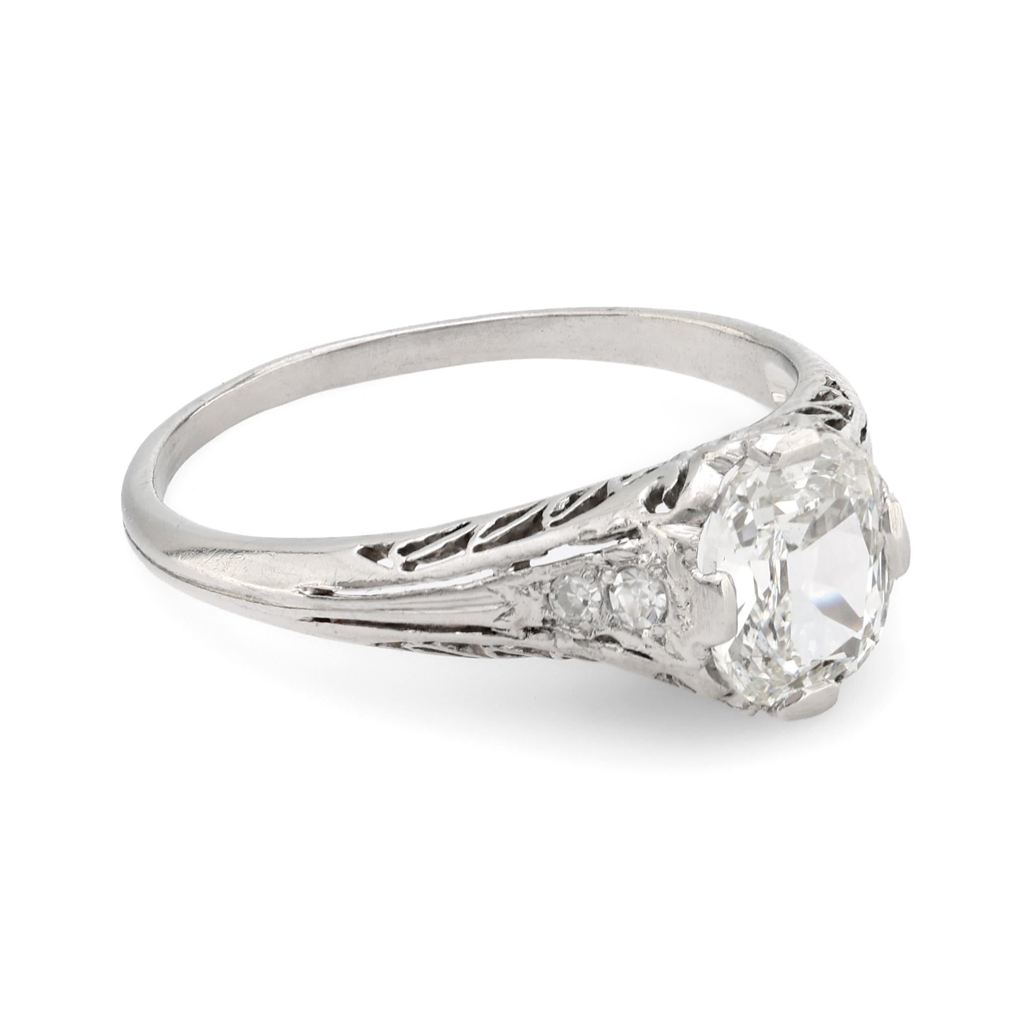 Cushion Cut Art Deco GIA .91 carat cushion cut diamond platinum engagement filigree ring For Sale