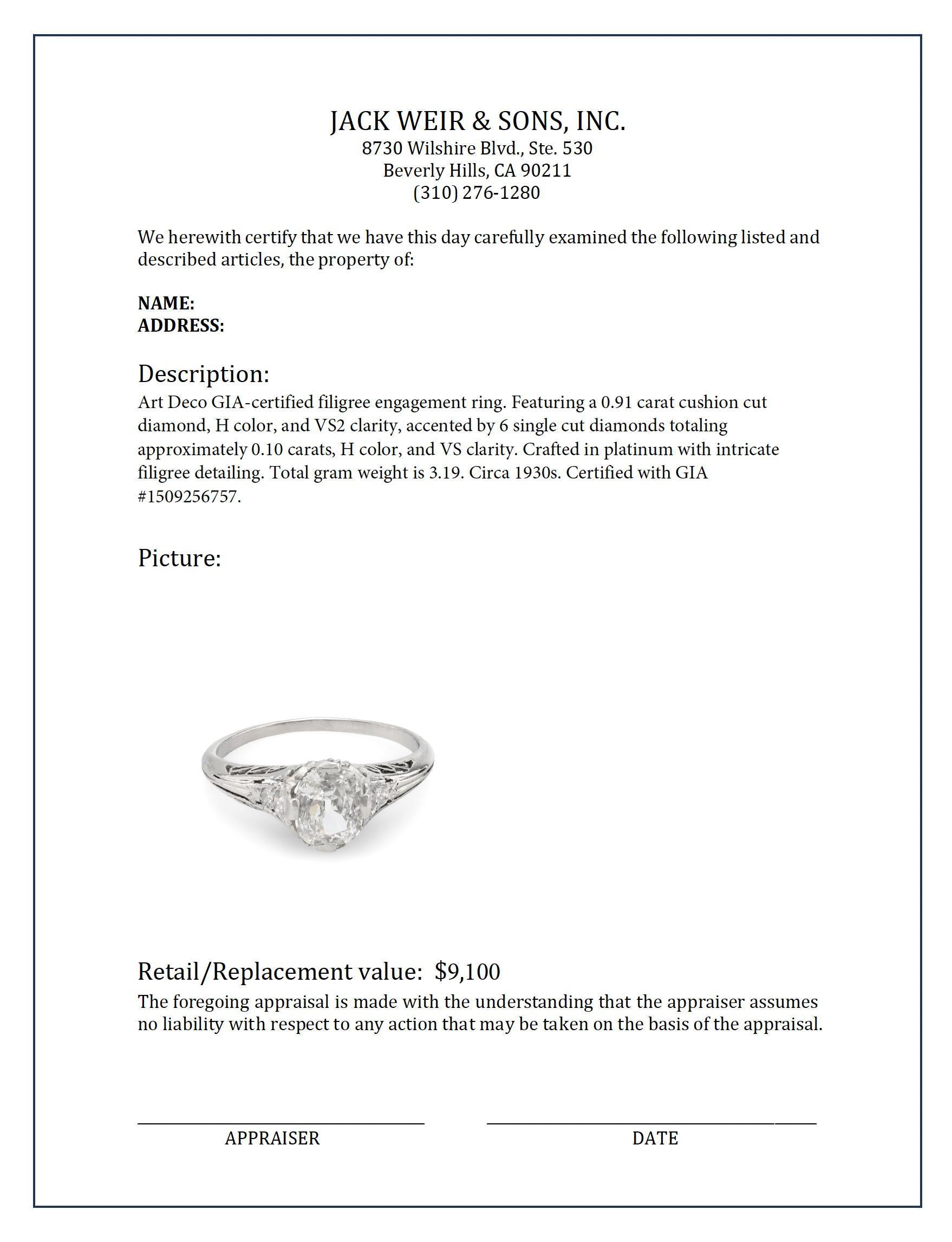 Art Deco GIA .91 carat cushion cut diamond platinum engagement filigree ring For Sale 1