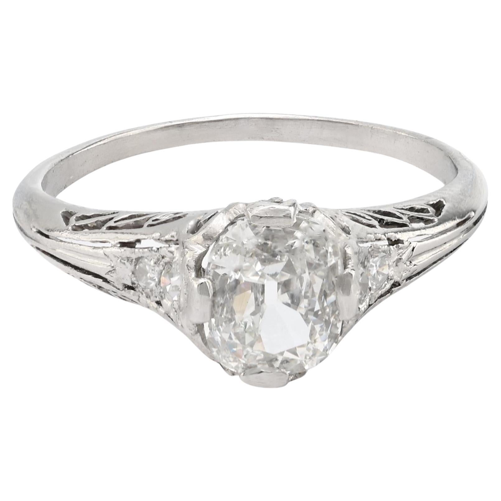 Art Deco GIA .91 carat cushion cut diamond platinum engagement filigree ring