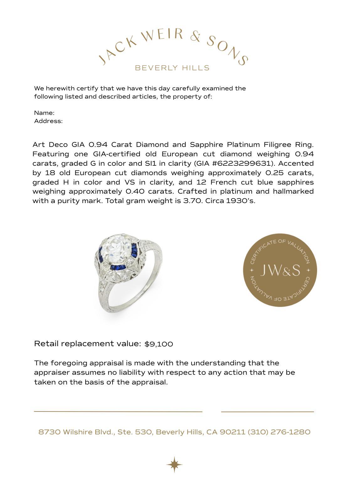 Anello Art Deco GIA con diamante e zaffiro da 0,94 carati in filigrana di platino in vendita 2