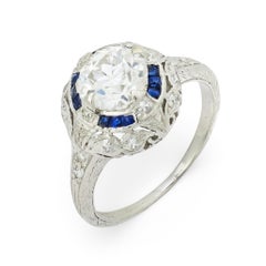 Art Deco GIA .94 carat diamond sapphire platinum filagree ring