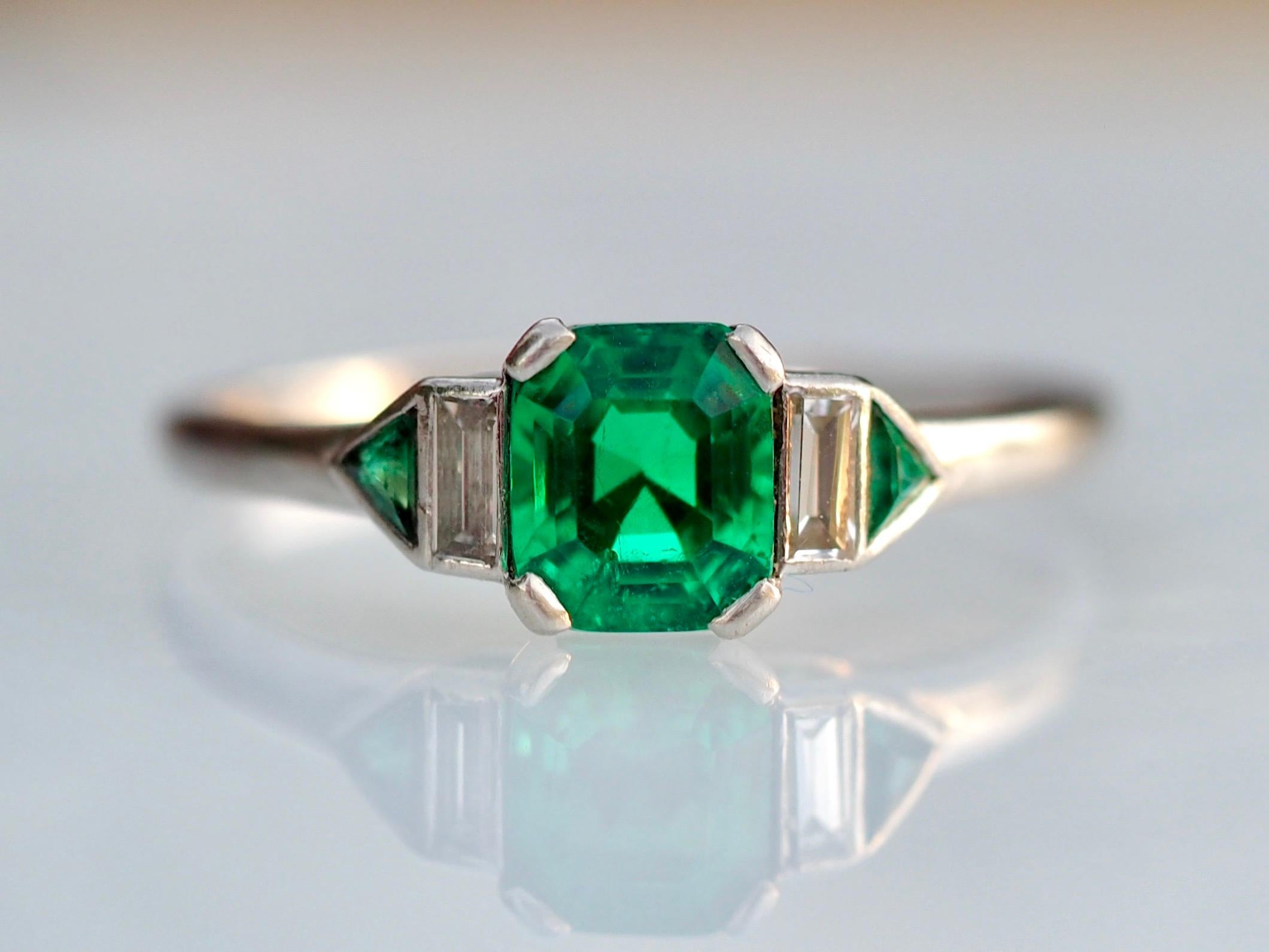 Emerald Cut Art Deco GIA/AGL Colombian Emerald No Treatment Platinum Diamond Ring