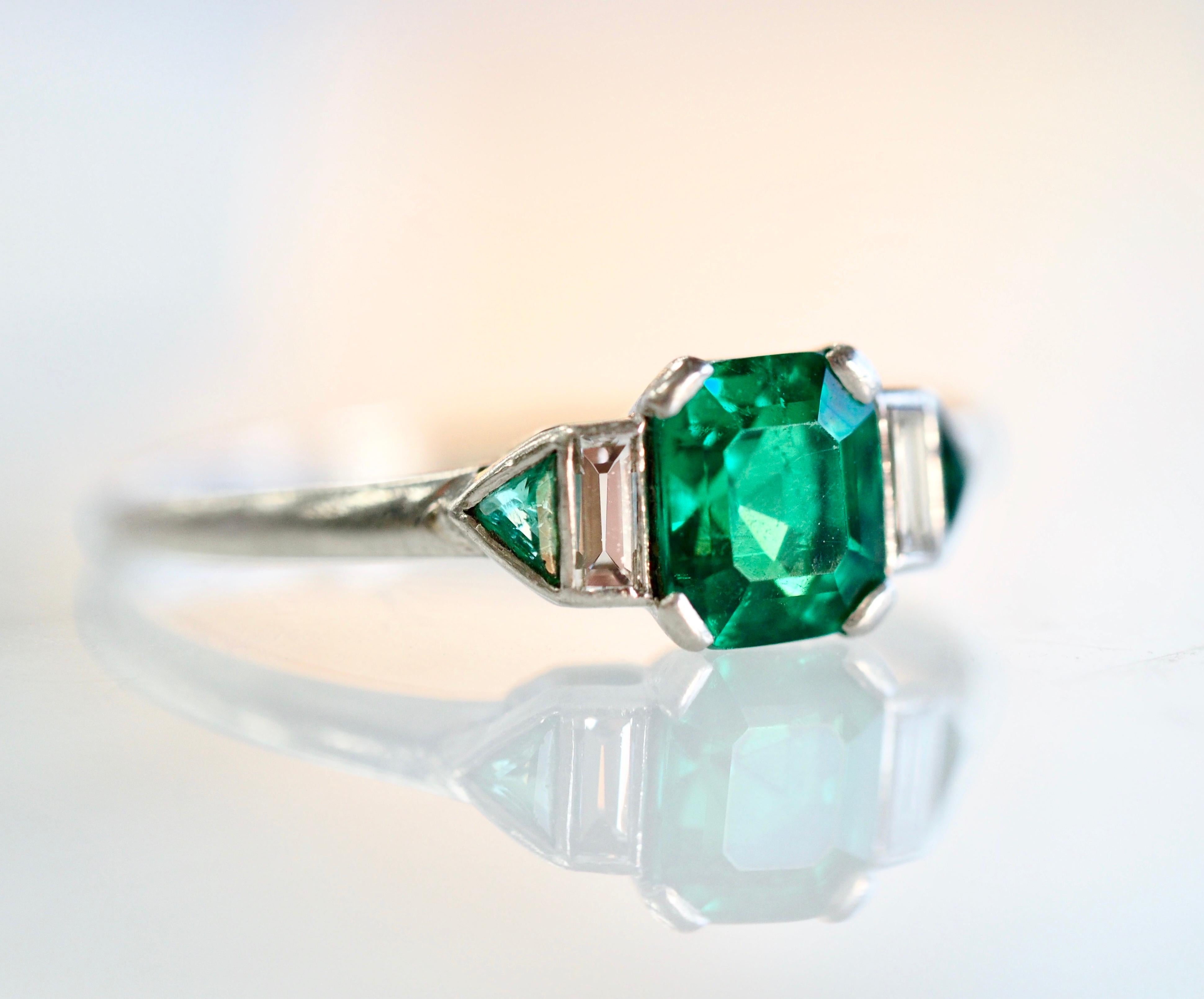 Art Deco GIA/AGL Colombian Emerald No Treatment Platinum Diamond Ring 1