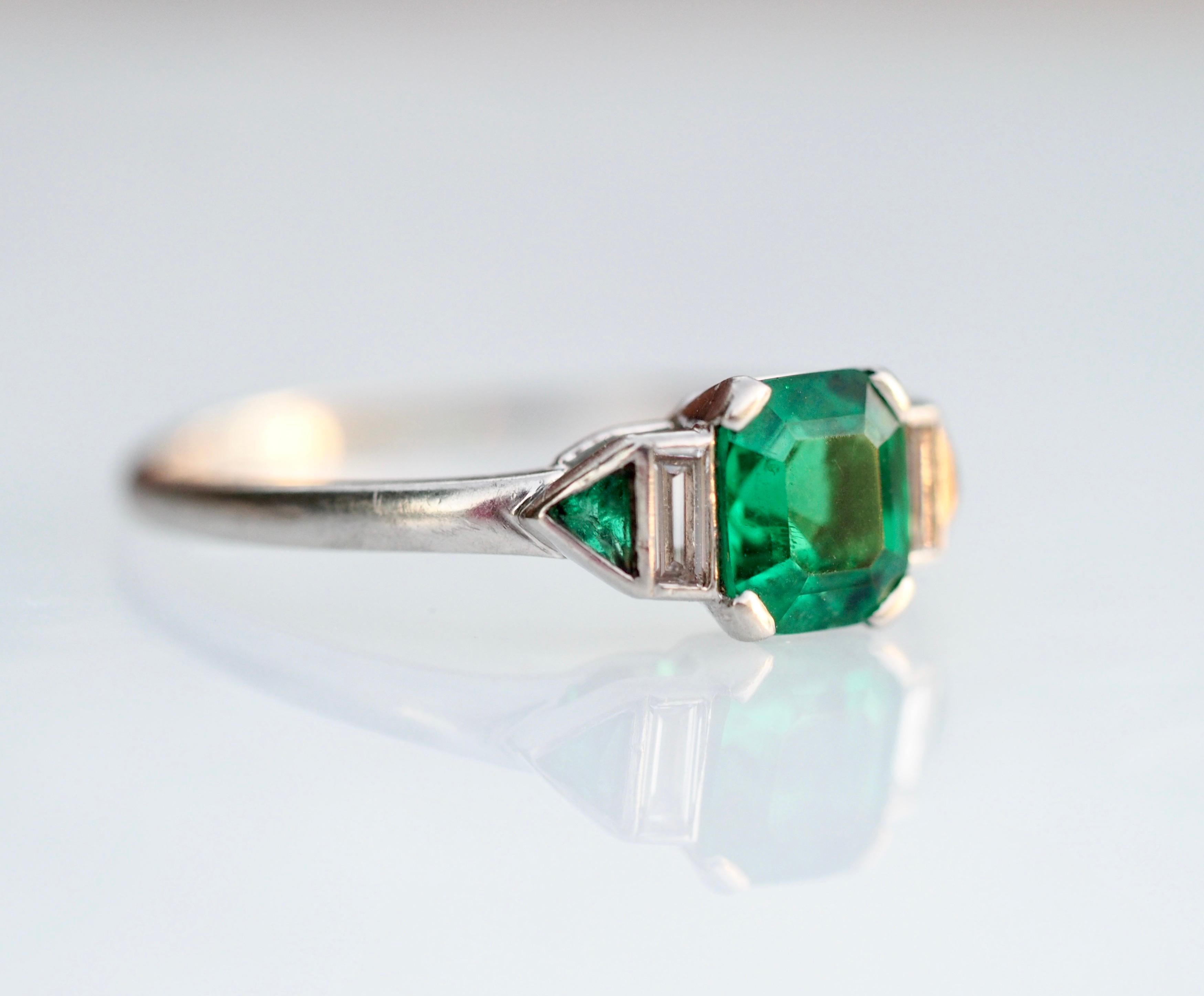 Art Deco GIA/AGL Colombian Emerald No Treatment Platinum Diamond Ring 2