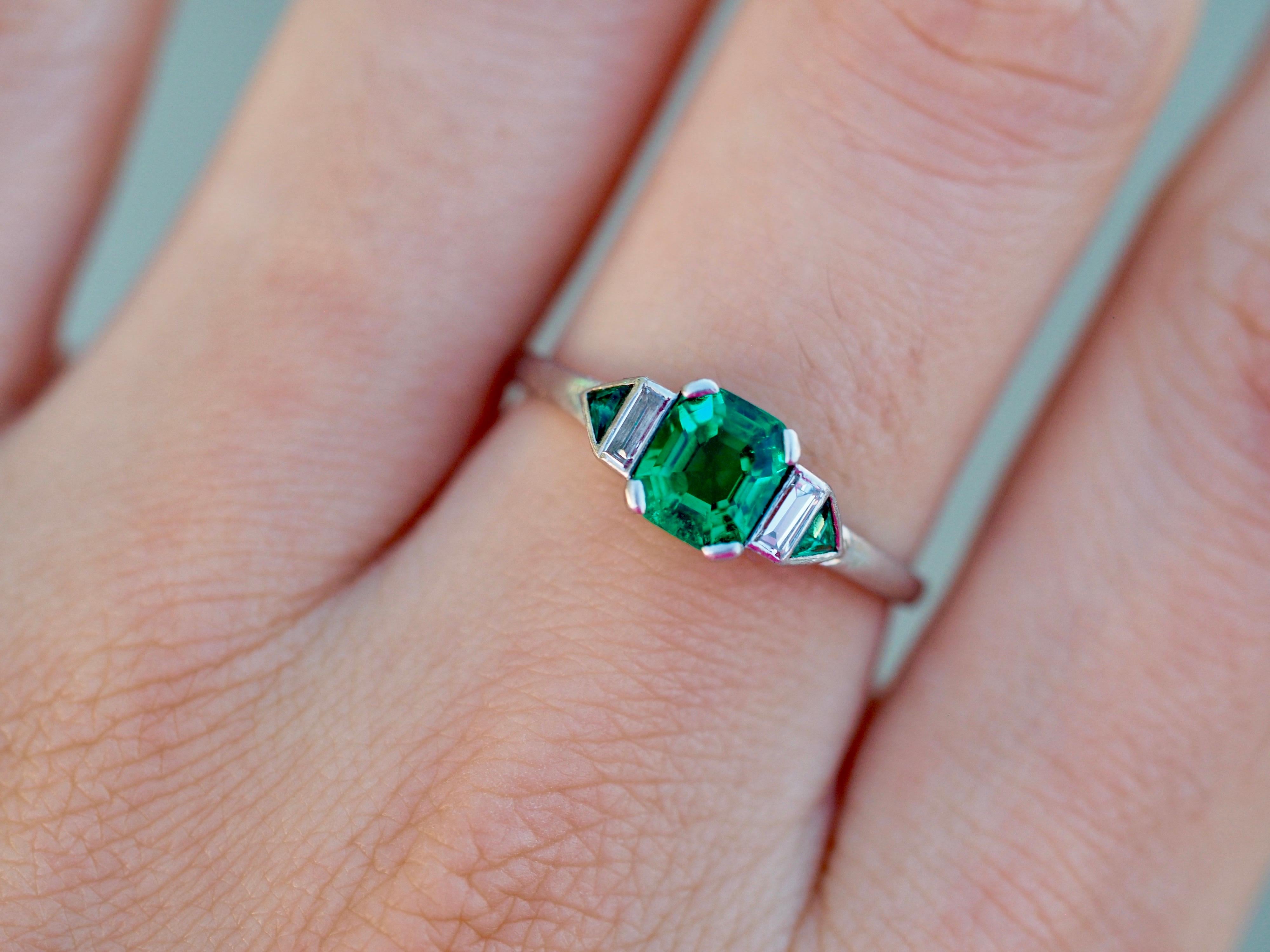 Art Deco GIA/AGL Colombian Emerald No Treatment Platinum Diamond Ring 3