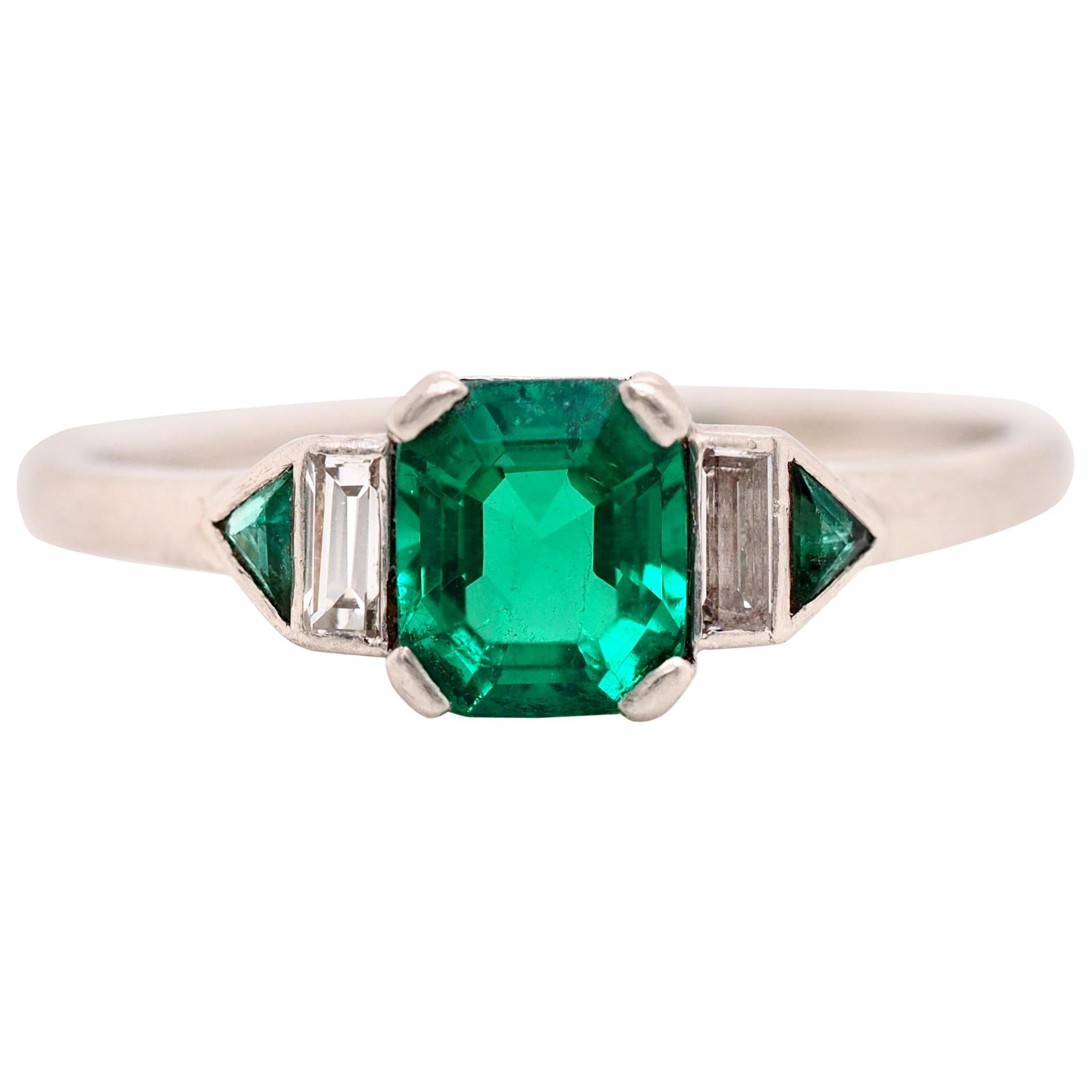 Art Deco GIA/AGL Colombian Emerald No Treatment Platinum Diamond Ring