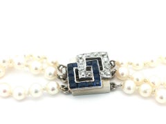 Art Deco GIA Akoya Pearl 3 Strand Necklace French Cut Diamond Sapphire Clasp