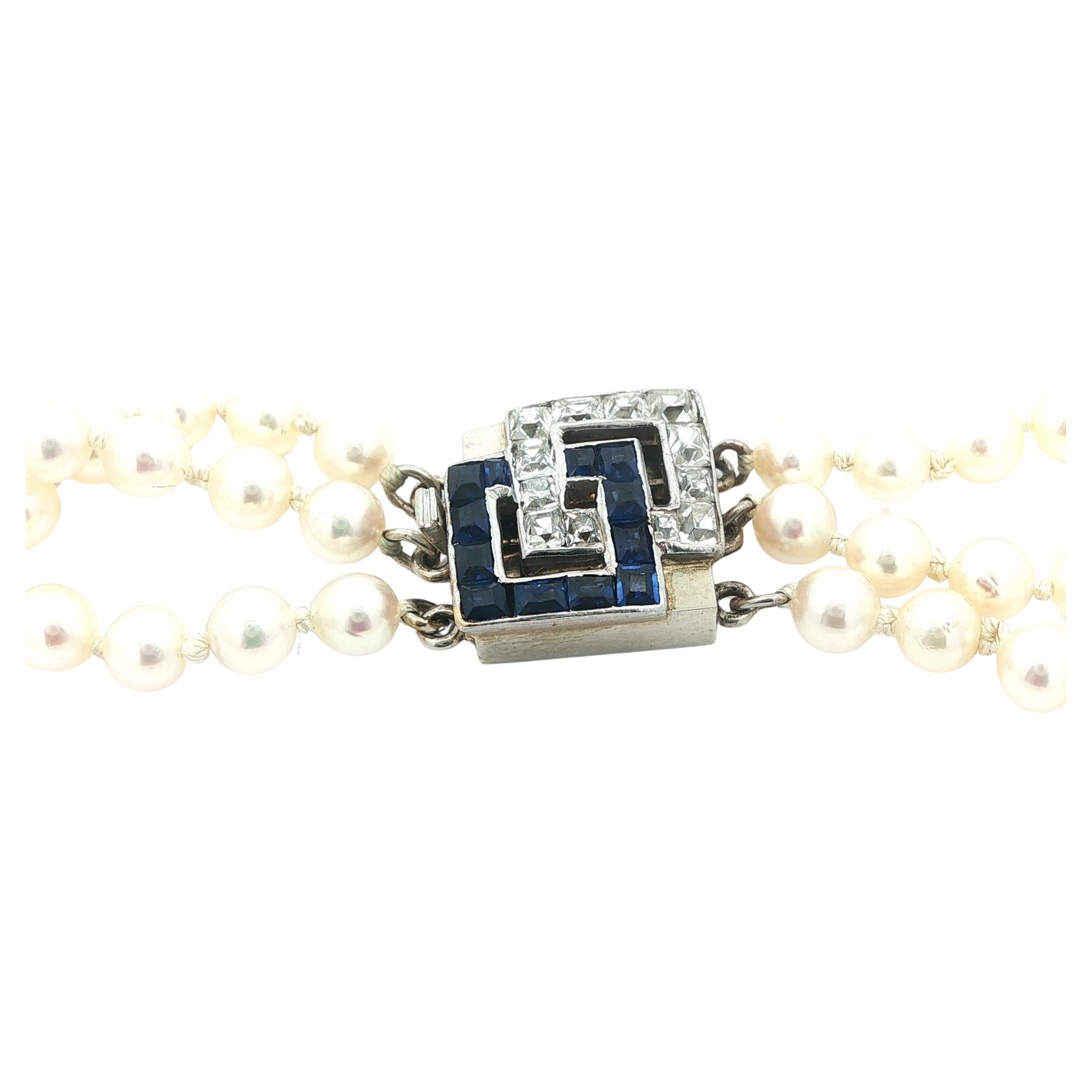 Art Deco GIA Akoya Pearl 3 Strand Necklace French Cut Diamond Sapphire Clasp