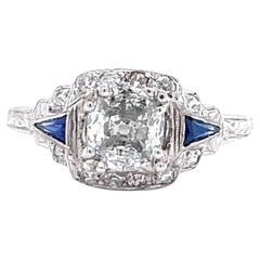 Art Deco GIA Antique Cushion Cut Diamond Sapphire Platinum Engagement Ring