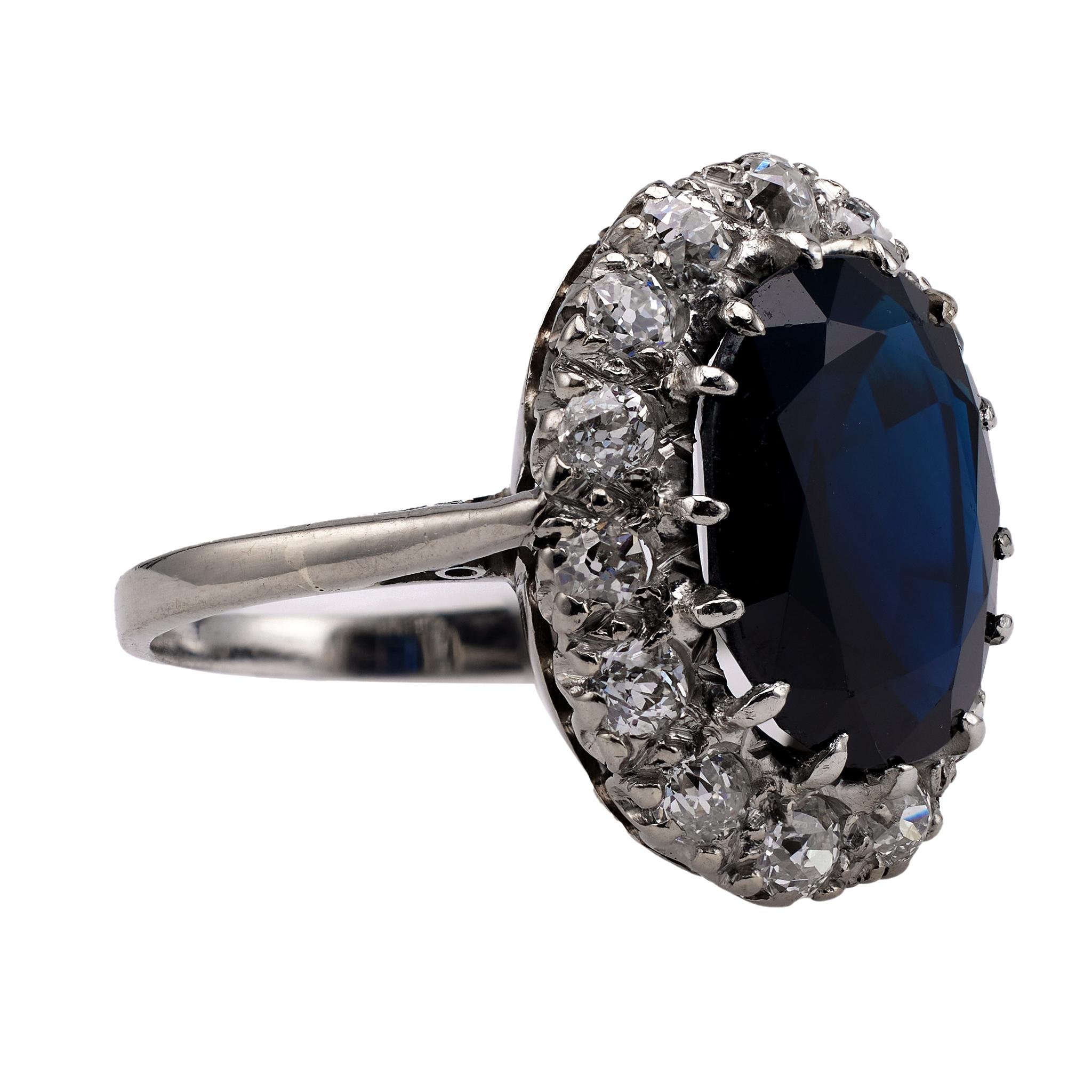 Women's or Men's Art Deco GIA Australian No Heat Sapphire and Diamond 14k White Gold Cluster Ring
