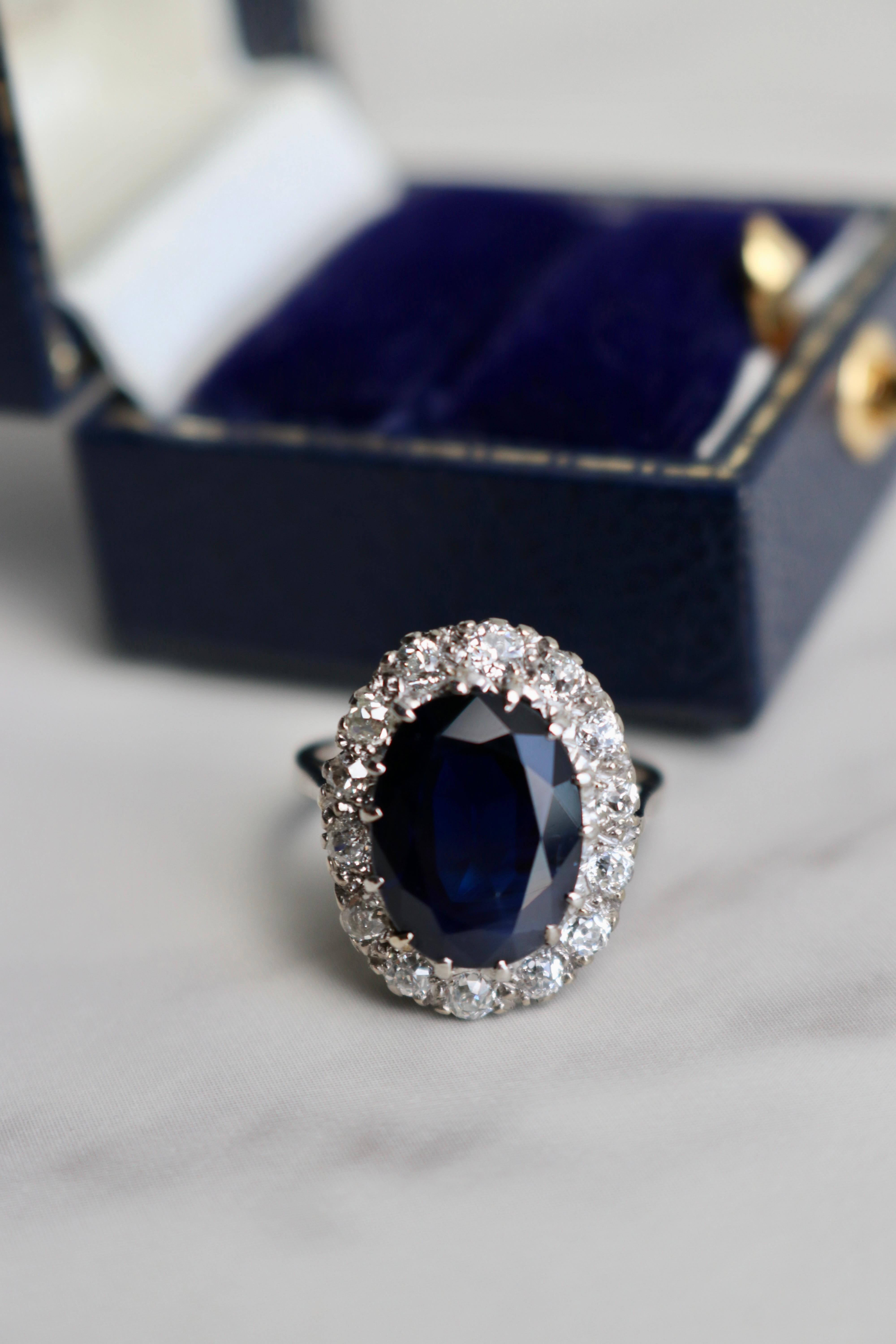 Art Deco GIA Australian No Heat Sapphire and Diamond 14k White Gold Cluster Ring 1