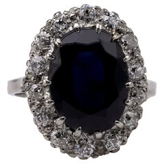 Art Deco GIA Australian No Heat Sapphire and Diamond 14k White Gold Cluster Ring