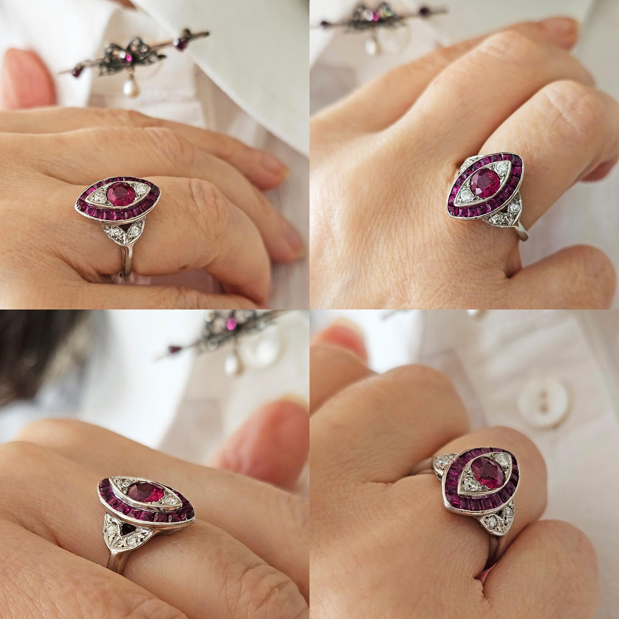 Anello d'epoca in platino con diamanti e rubini di Burma, Art of Vintage, GIA, 1930 in vendita 14