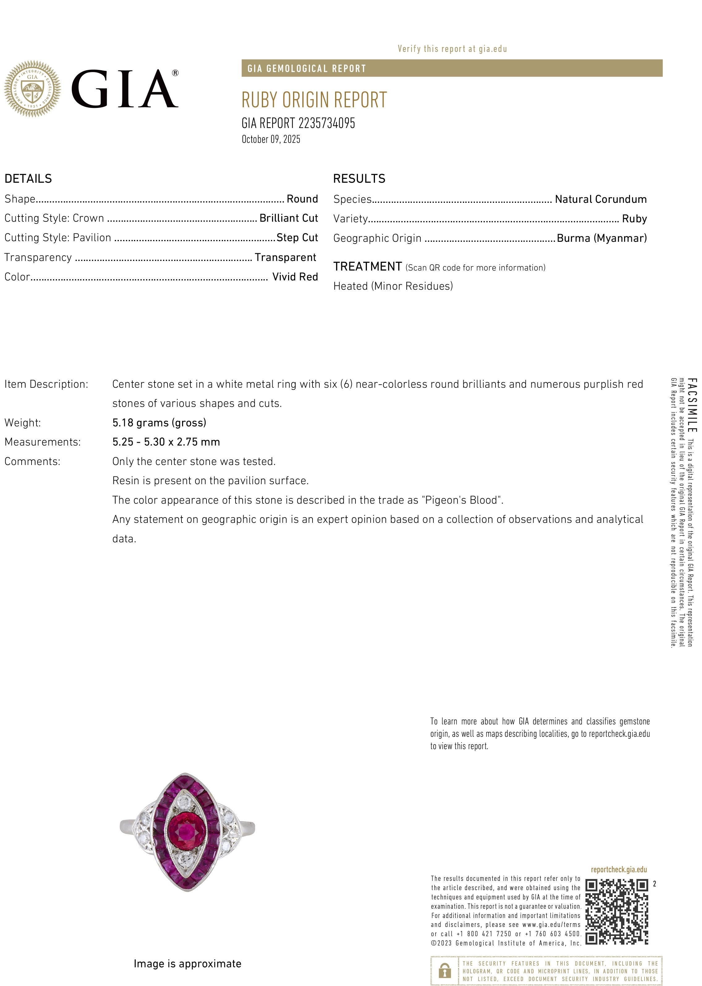 Donna Anello d'epoca in platino con diamanti e rubini di Burma, Art of Vintage, GIA, 1930 in vendita