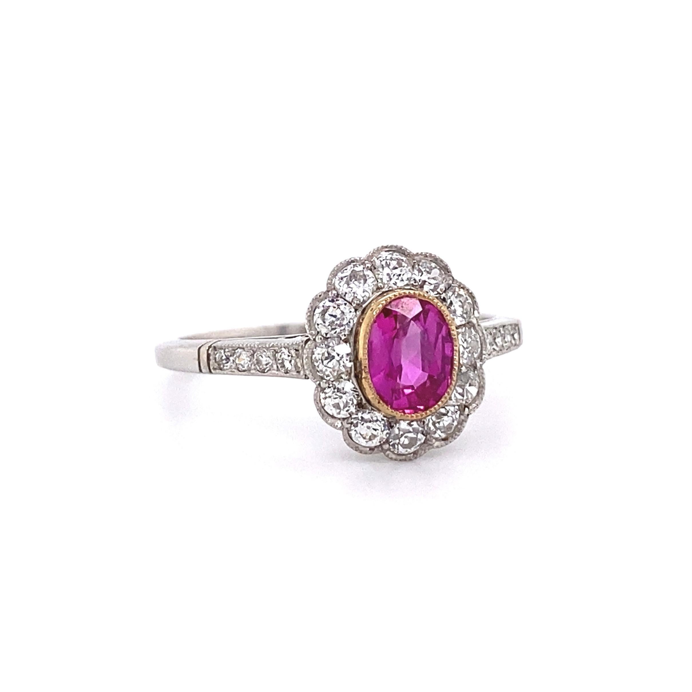 Simply Beautiful! Finely detailed Awesome Art Deco Platinum Halo Ring, center securely nestled in Gold Bezel setting with a Burma Ruby weighing approx. 0.60 Carat. GIA lab report #2201900536, stating Burma origin and NO indications of heat
