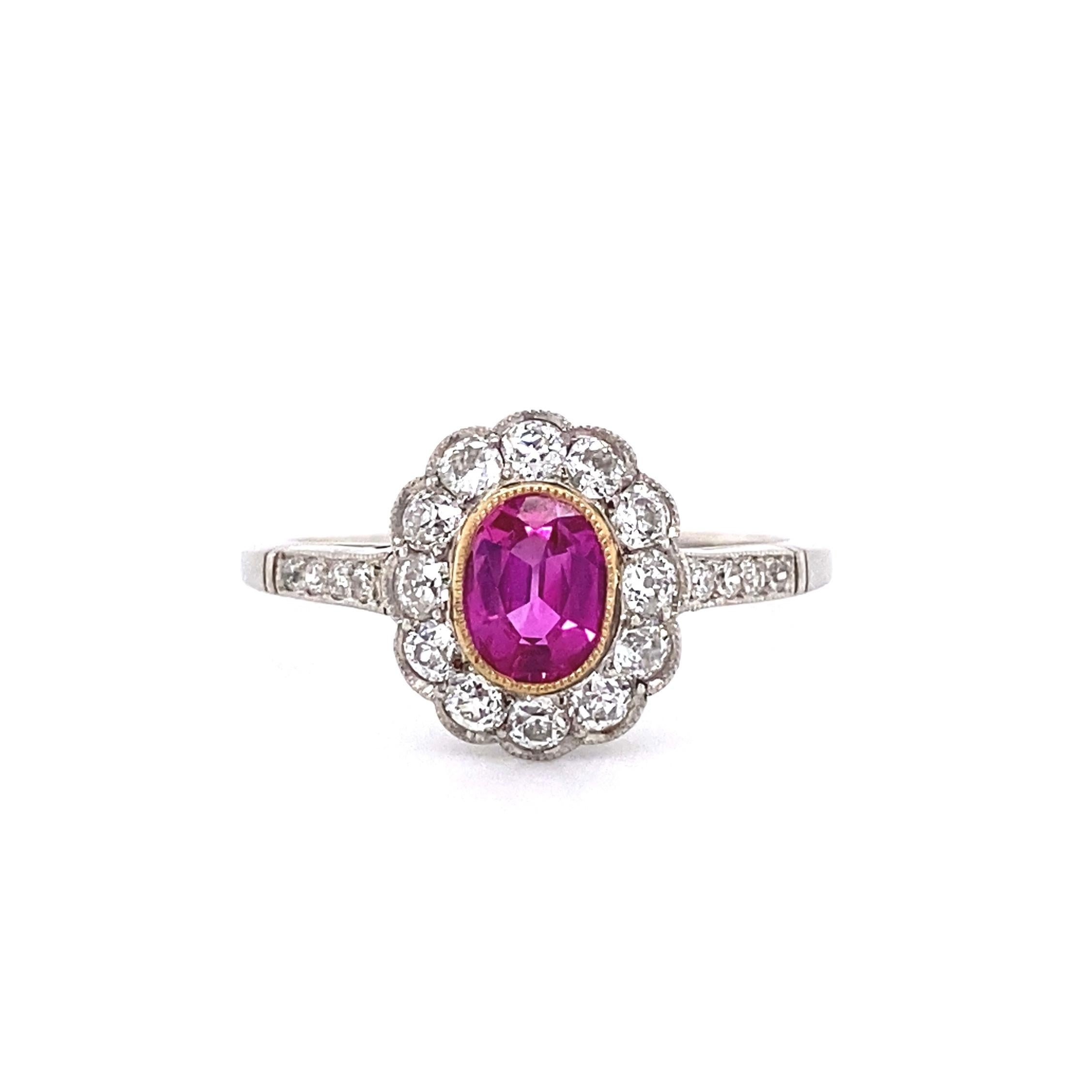 Art Deco GIA Burma Ruby and Diamond Platinum Ring Estate Fine Jewelry For Sale 1