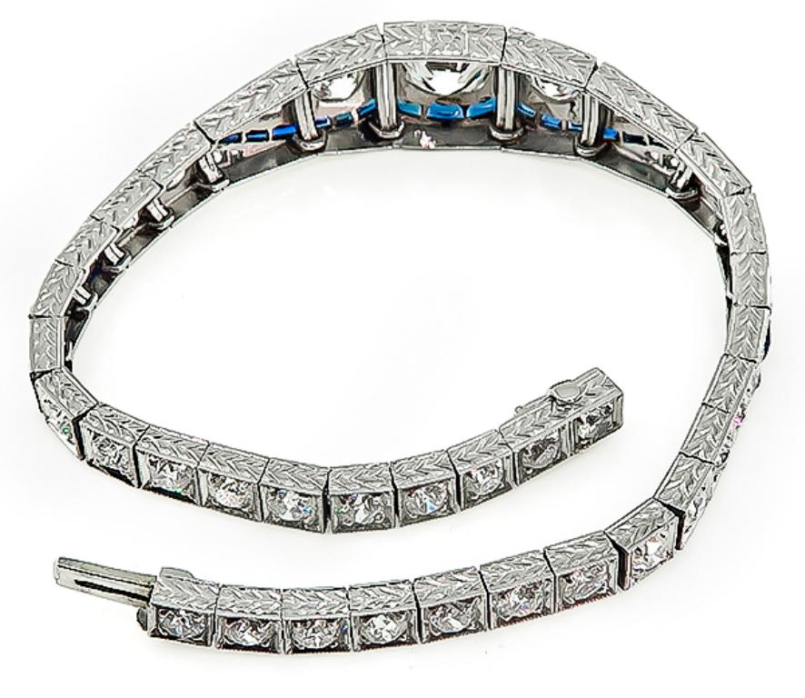 Old European Cut Art Deco GIA Cert 1.63 Center Diamond Sapphire Bracelet For Sale