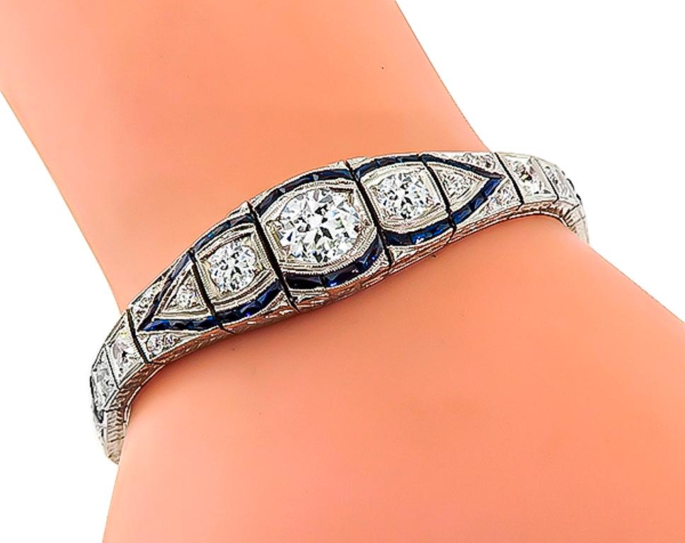 Art Deco GIA Cert 1.63 Center Diamond Sapphire Bracelet In Good Condition For Sale In New York, NY