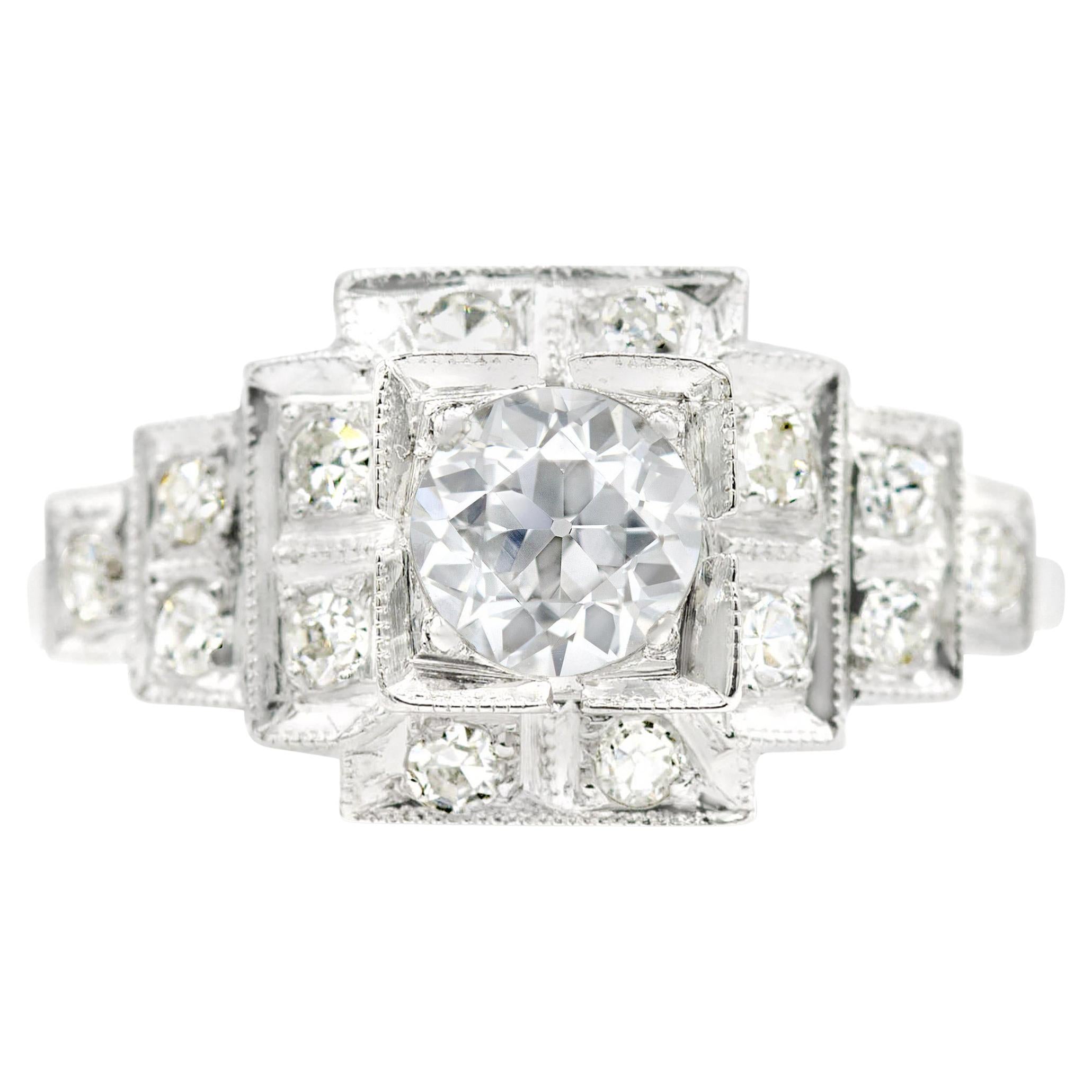Art Deco GIA Certified 0.46 Ct. Old Euro Diamond Engagement Ring D VS2, Platinum For Sale