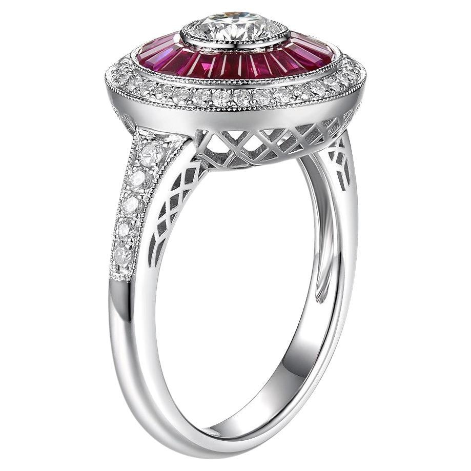 This ring features a GIA certified diamond weight 0.50 carat, F color, VS 1 clarity with excellent cutting. The center diamond is surrounded by natural ruby halo weight 1.18 carat. Diamonds set on the outer halo and the shoulder weight 0.29 carat.