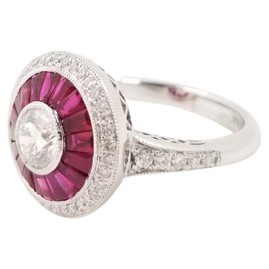Round Cut Art Deco GIA Certified 0.50 Carat Diamond Ruby Platinum Engagement Ring For Sale