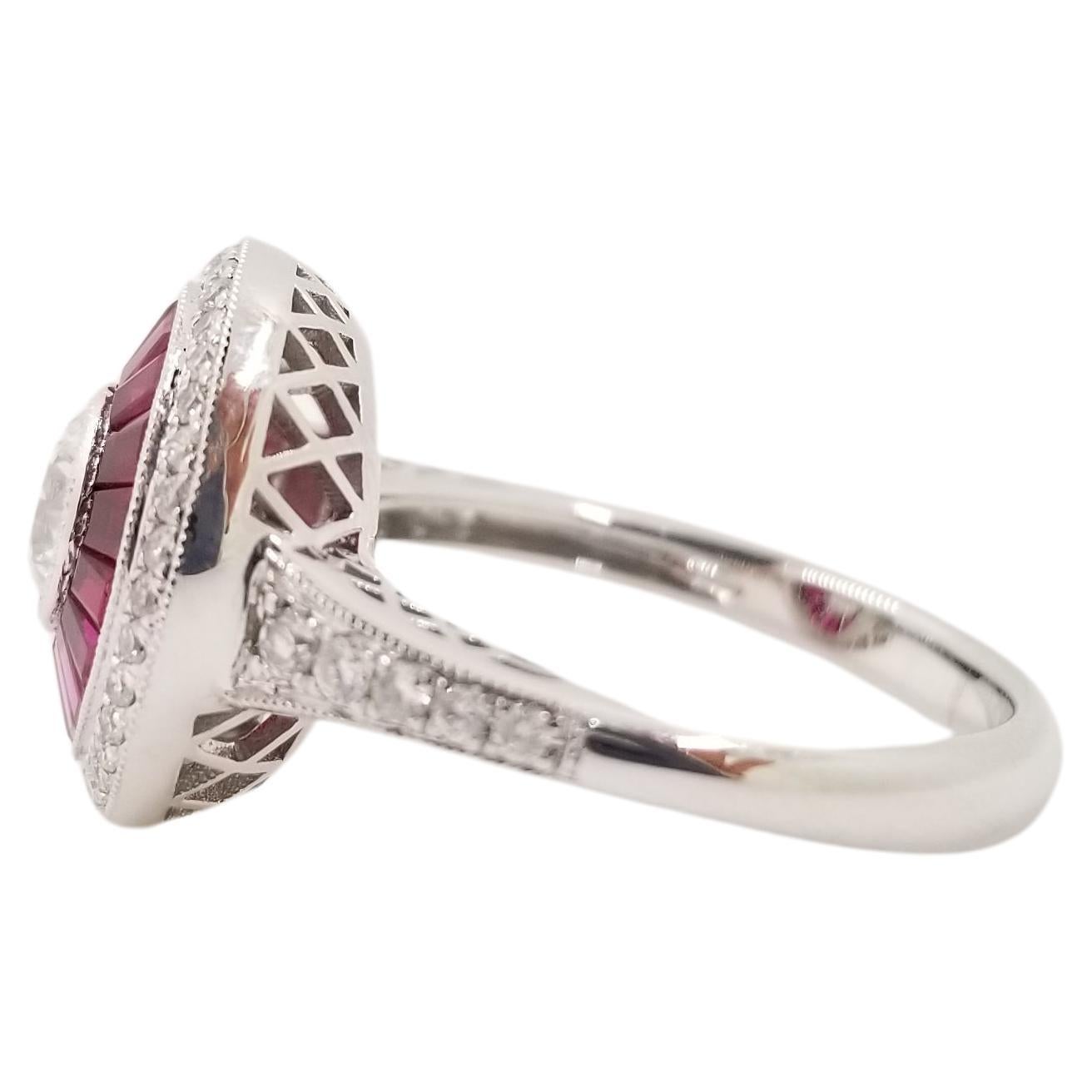 Bague de fiançailles Art déco en platine avec diamants de 0,50 carat certifiés GIA et rubis Pour femmes en vente