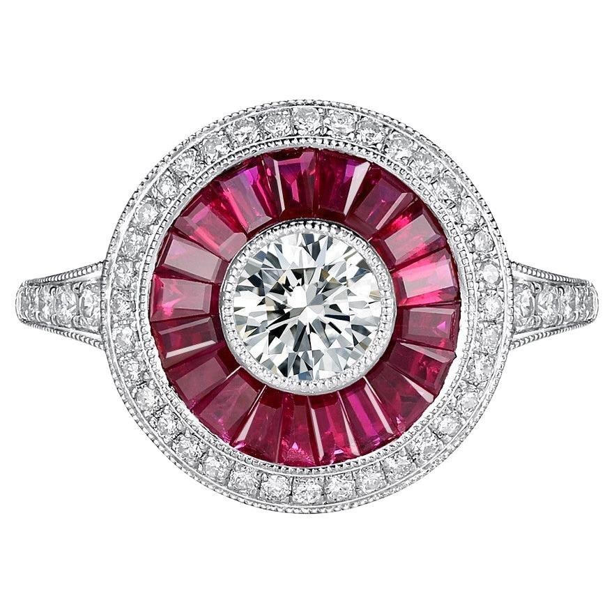 Bague de fiançailles Art déco en platine avec diamants de 0,50 carat certifiés GIA et rubis