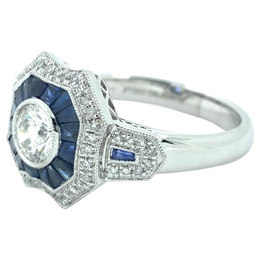 Round Cut Art Deco GIA Certified 0.50 Carat Diamond Sapphire Platinum Engagement Ring For Sale