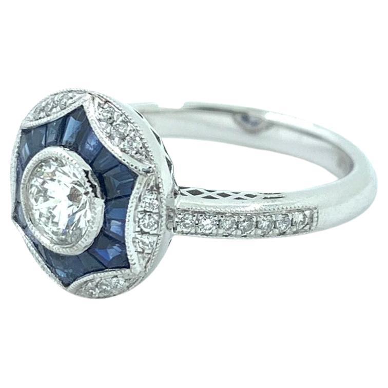 Verlobungsring aus Platin mit GIA-zertifiziertem 0,50 Karat Diamant und Saphir im Art déco-Stil (Rundschliff) im Angebot