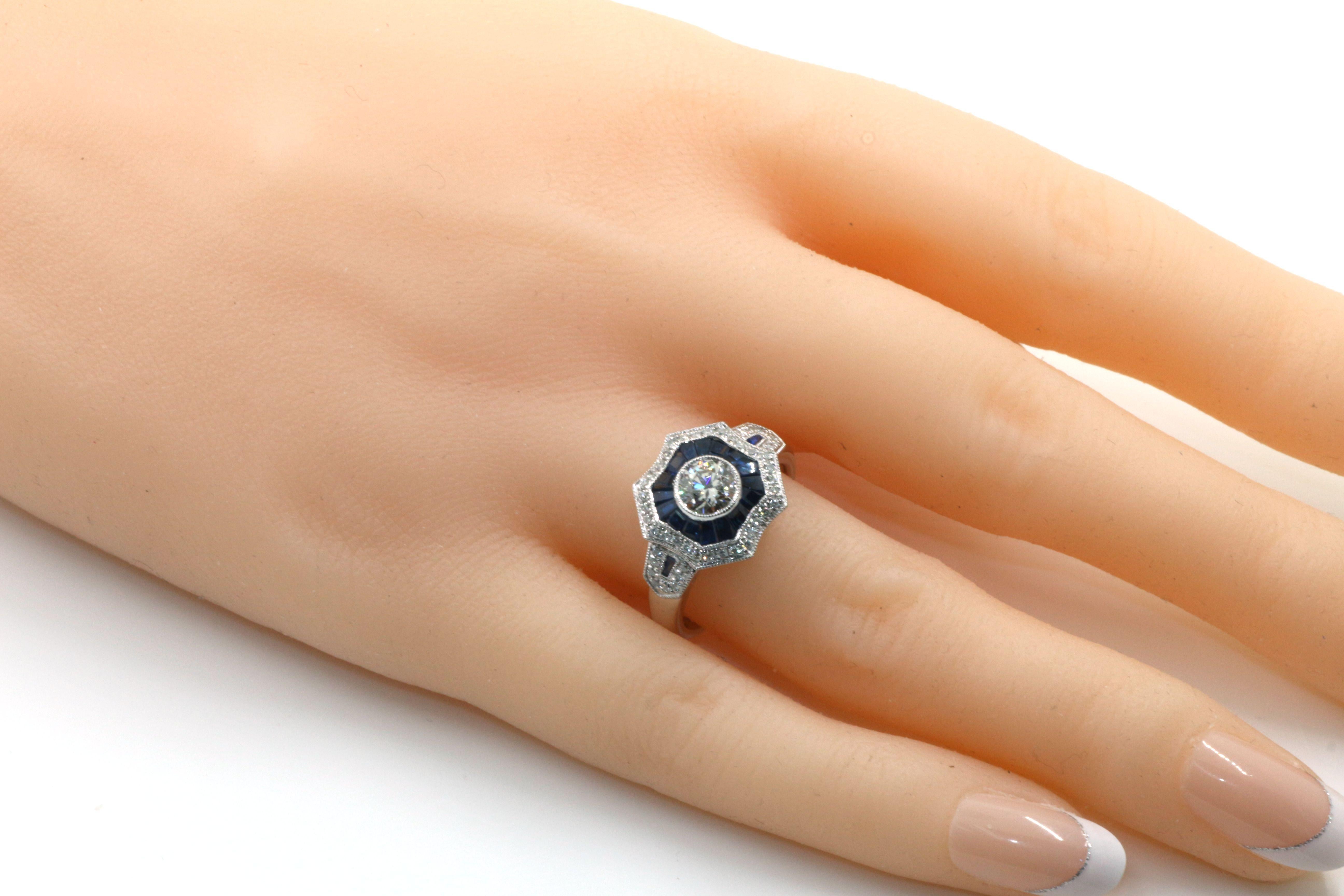 Art Deco GIA Certified 0.50 Carat Diamond Sapphire Platinum Engagement Ring For Sale 2