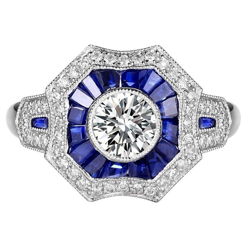 Art Deco Platinum Engagement Ring with 0.50ct Diamond & Sapphires