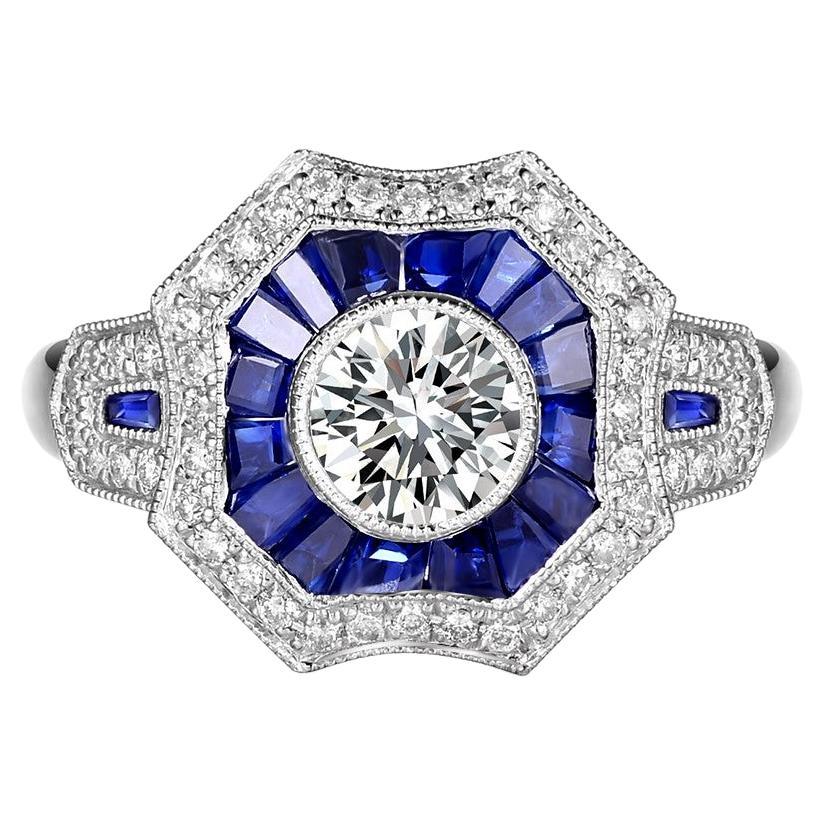 Art Deco GIA Certified 0.50 Carat Diamond Sapphire Platinum Engagement Ring