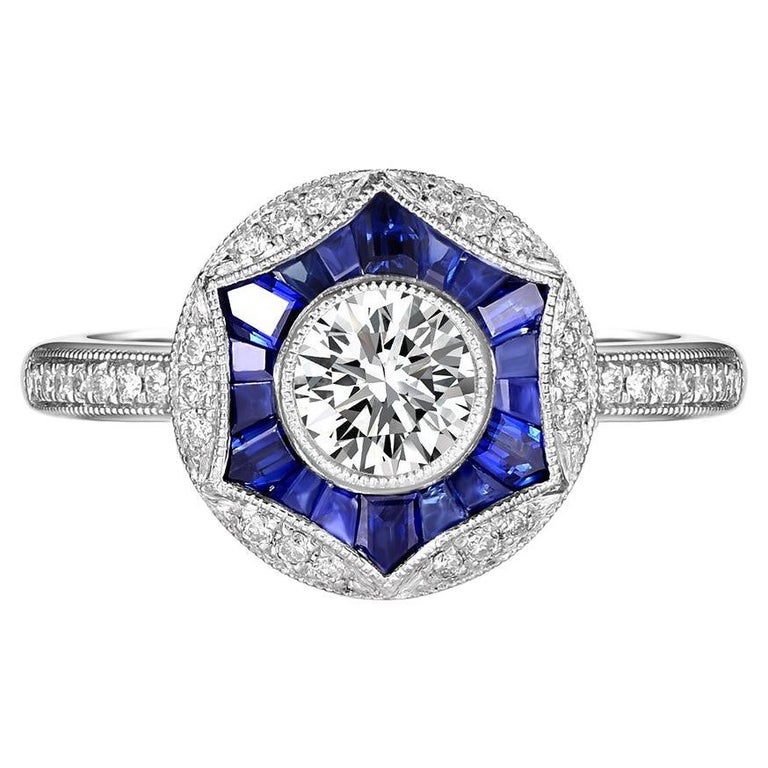 Art Deco GIA Certified 0.50 Carat Diamond Sapphire Platinum Engagement Ring For Sale
