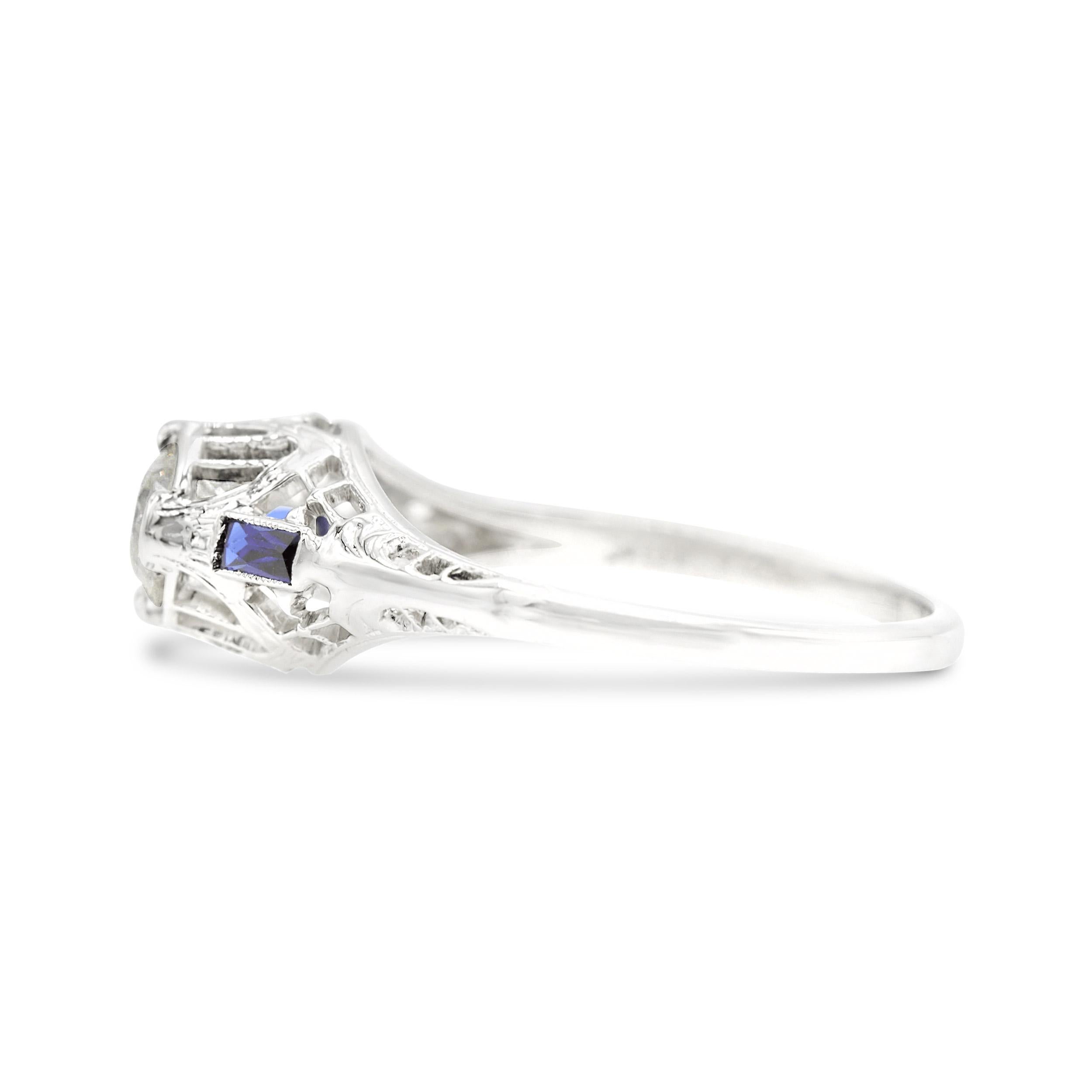 Old European Cut Art Deco GIA Certified 0.50 Ct. Diamond and Sapphire Engagement Ring H VS1 For Sale