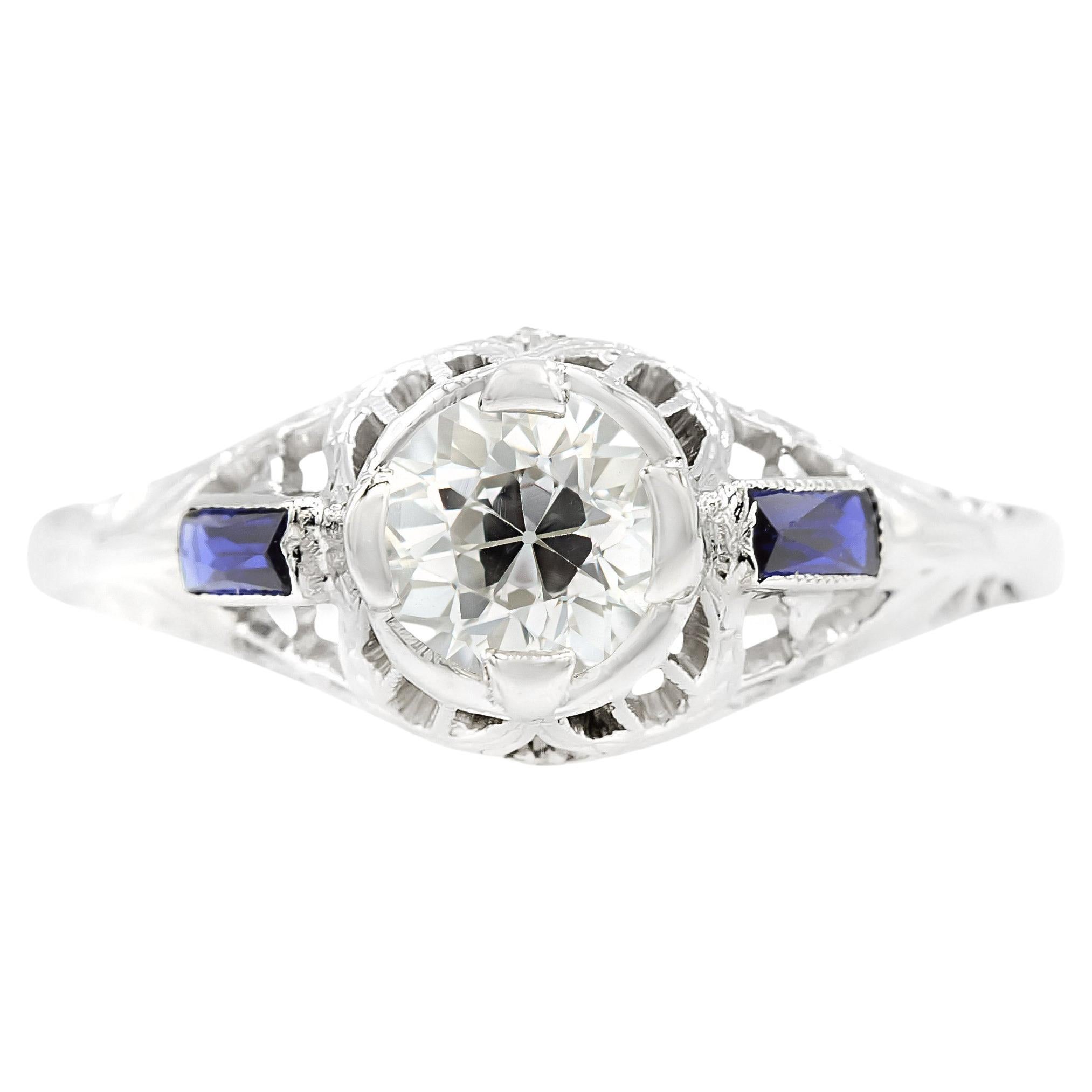 Art Deco GIA Certified 0.50 Ct. Diamond and Sapphire Engagement Ring H VS1 For Sale