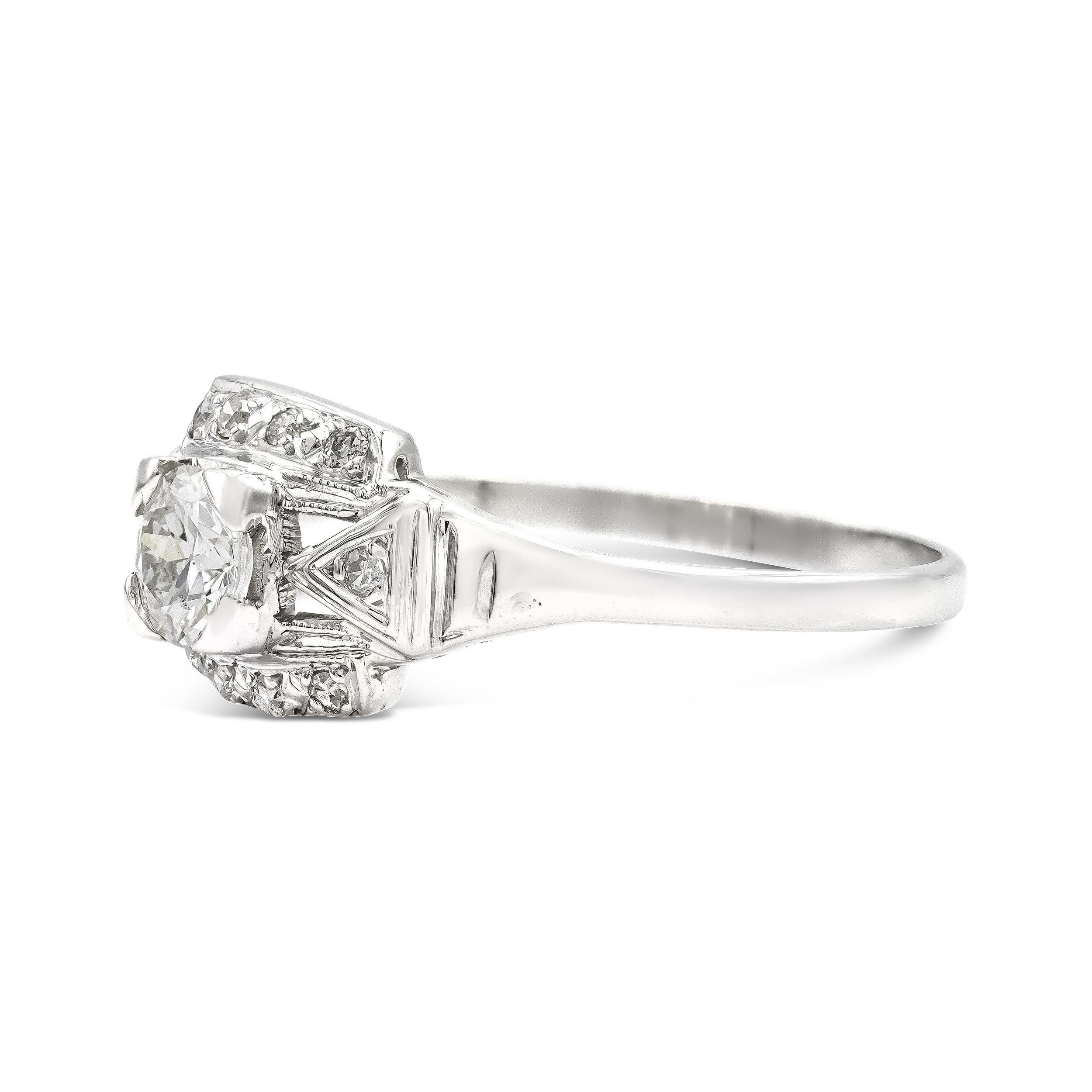 A deco-era engagement ring featuring a super attractive GIA graded old European cut diamond. The square prongs, typical of the deco era, give the 0.58 carat center the illusion of being larger. We especially love the indicative frame setting. This