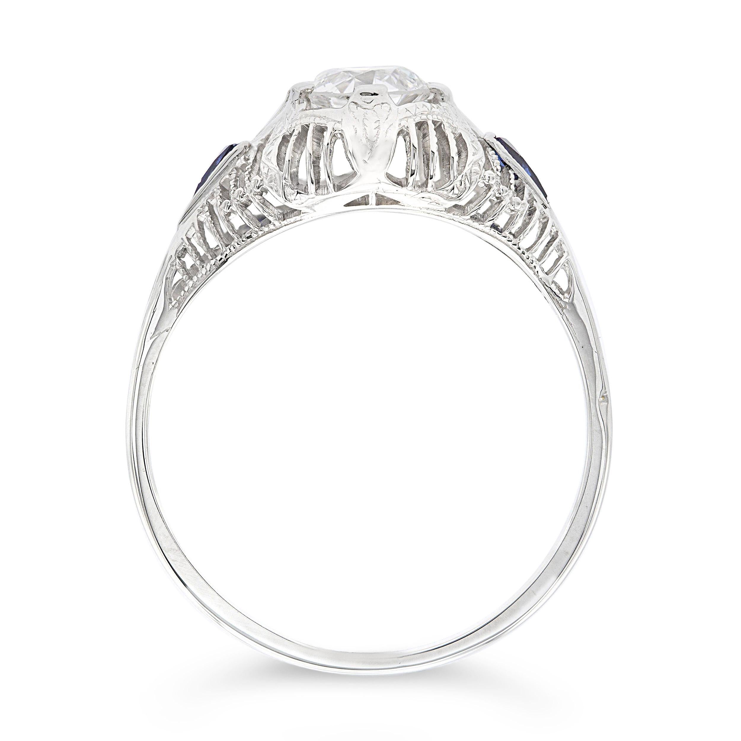 Old European Cut Art Deco GIA Certified 0.63 Ct. Diamond and Sapphire Filigree Ring E SI2