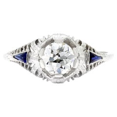 Art Deco GIA Certified 0.63 Ct. Diamond and Sapphire Filigree Ring E SI2