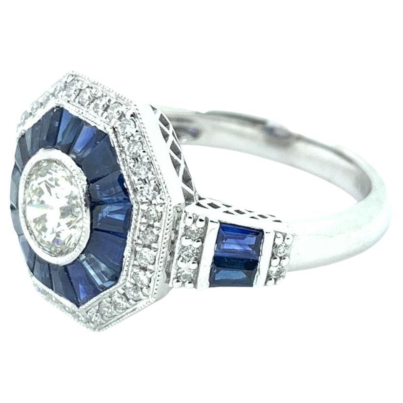 Round Cut Art Deco GIA Certified 0.70 Carat Diamond Sapphire Platinum Engagement Ring