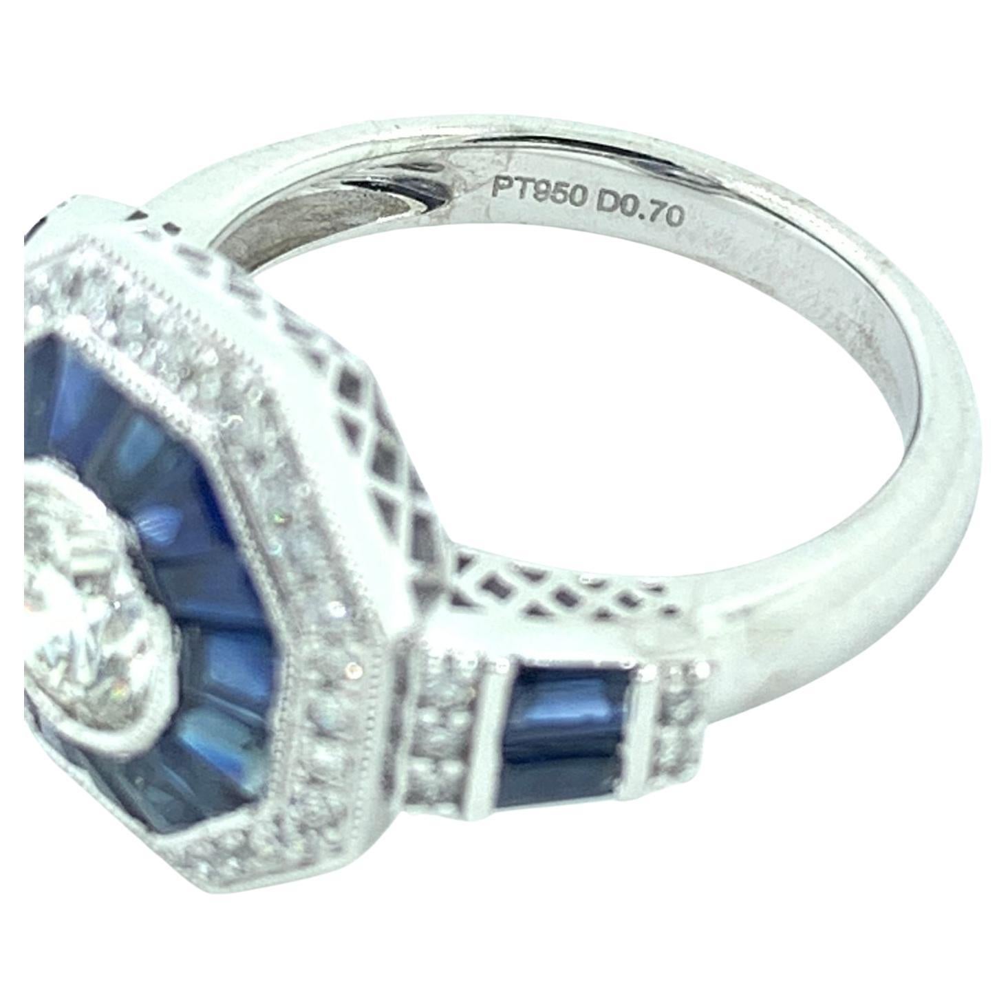 Art Deco GIA Certified 0.70 Carat Diamond Sapphire Platinum Engagement Ring 1